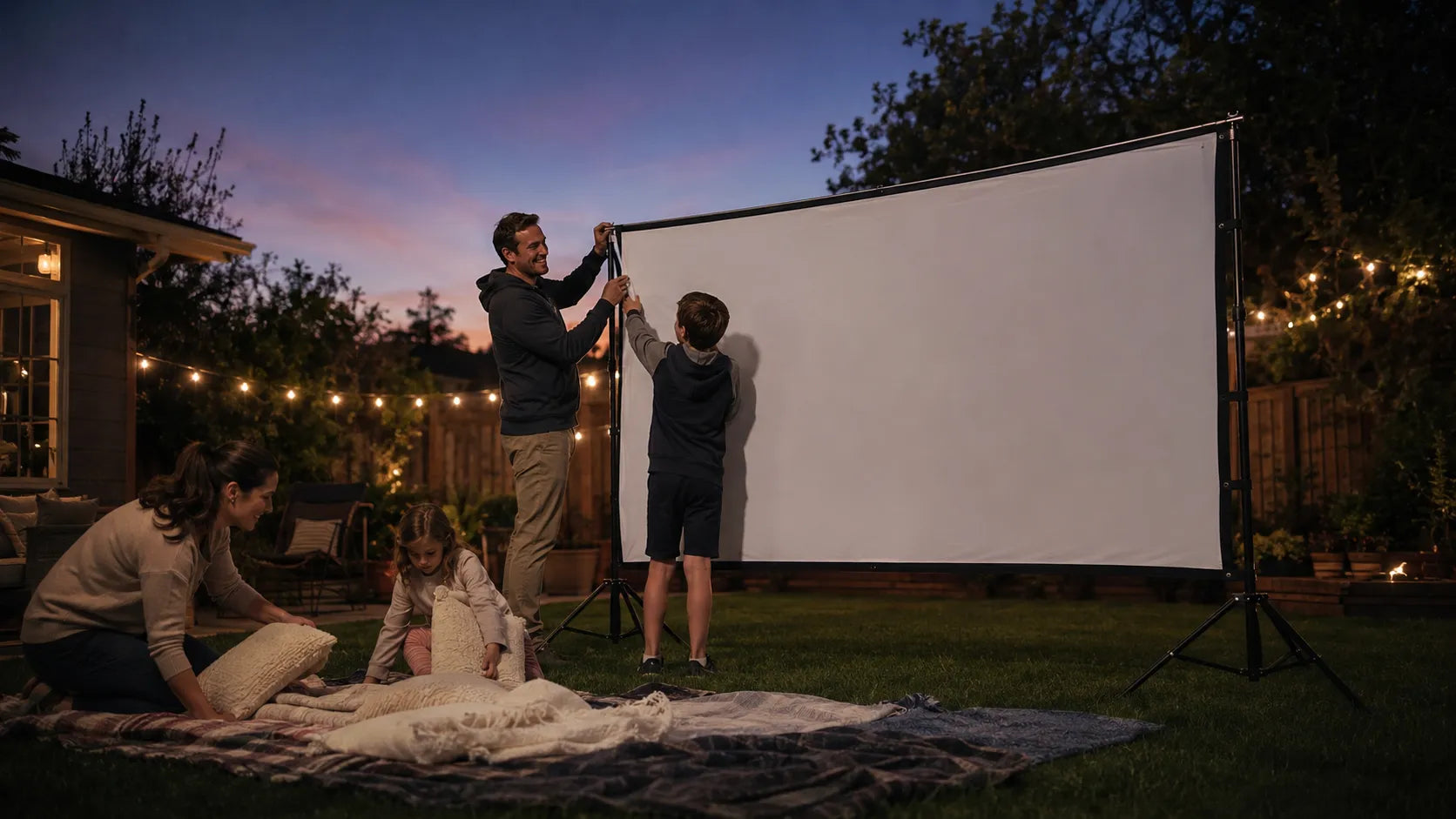 Family setting up an outdoor projector screen in their backyard at dusk for a movie night
