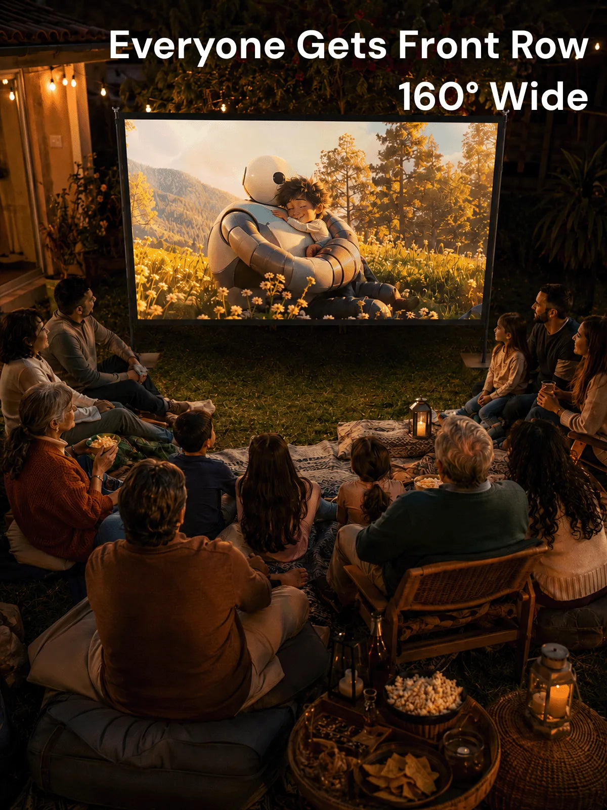 Family seated at wide angles enjoying STWUI's 160-degree wide viewing angle projector screen