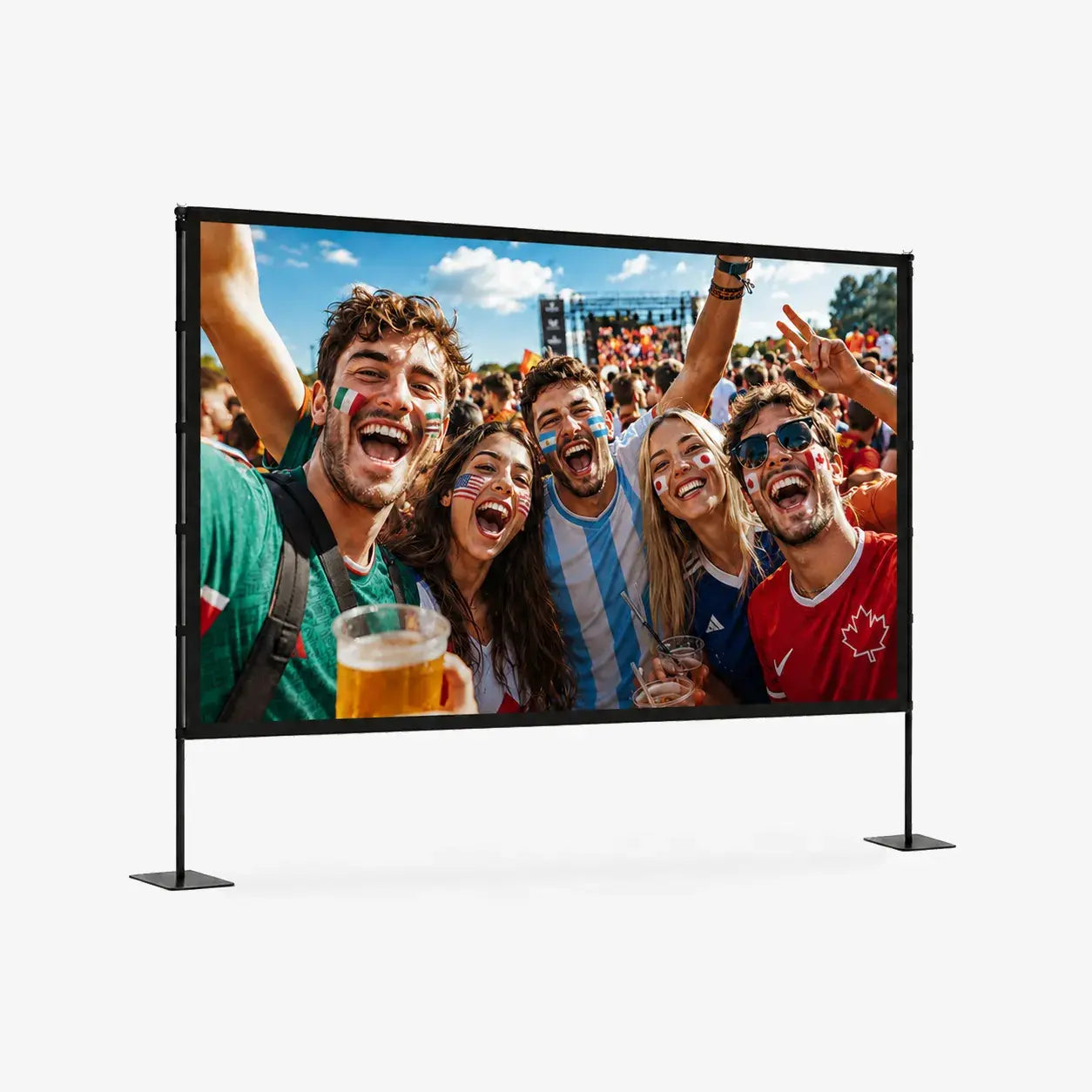 STWUI 100-inch outdoor projector screen with stand and world cup fans