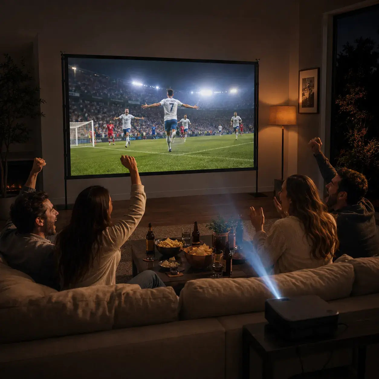 STWUI 120-inch outdoor projector screen with stand and world cup soccer match