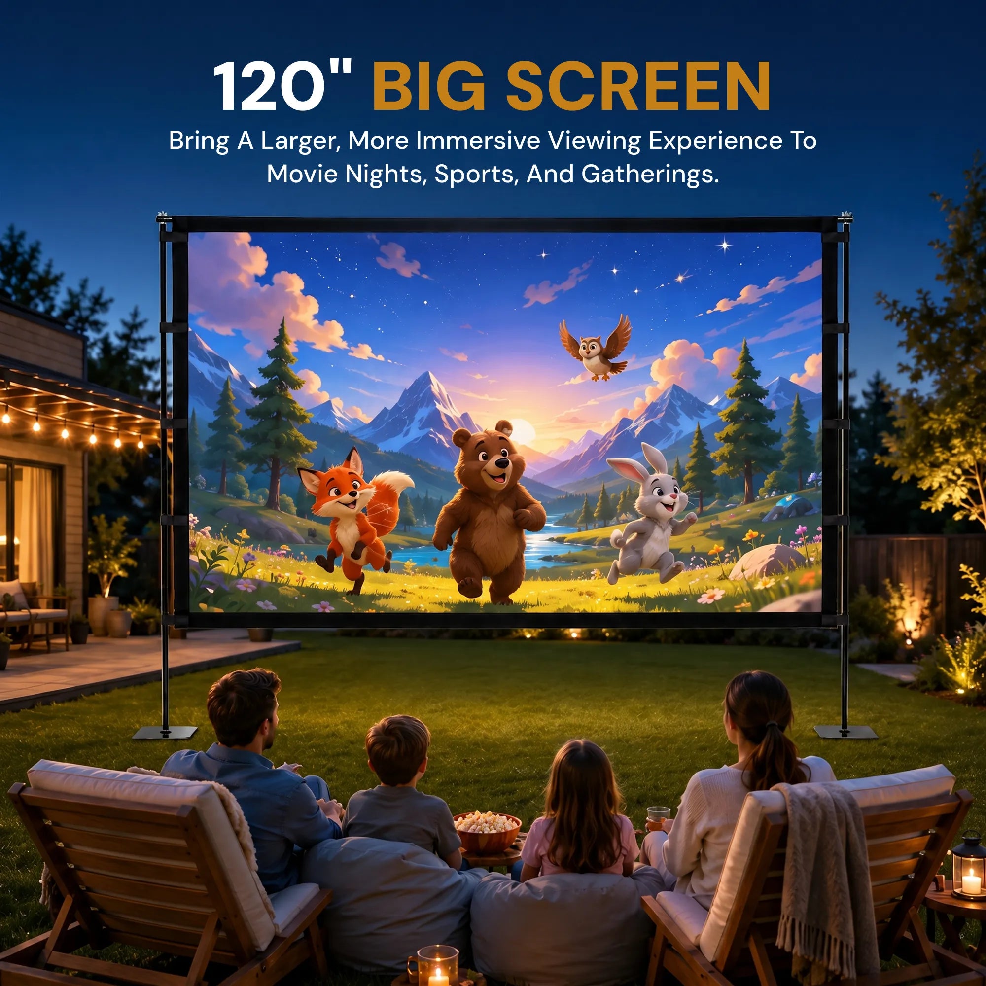 STWUI projector screen displaying a motorcycle racing scene, showing 1080p/4K UHD clarity, 1.1 gain, and 160° view angle
