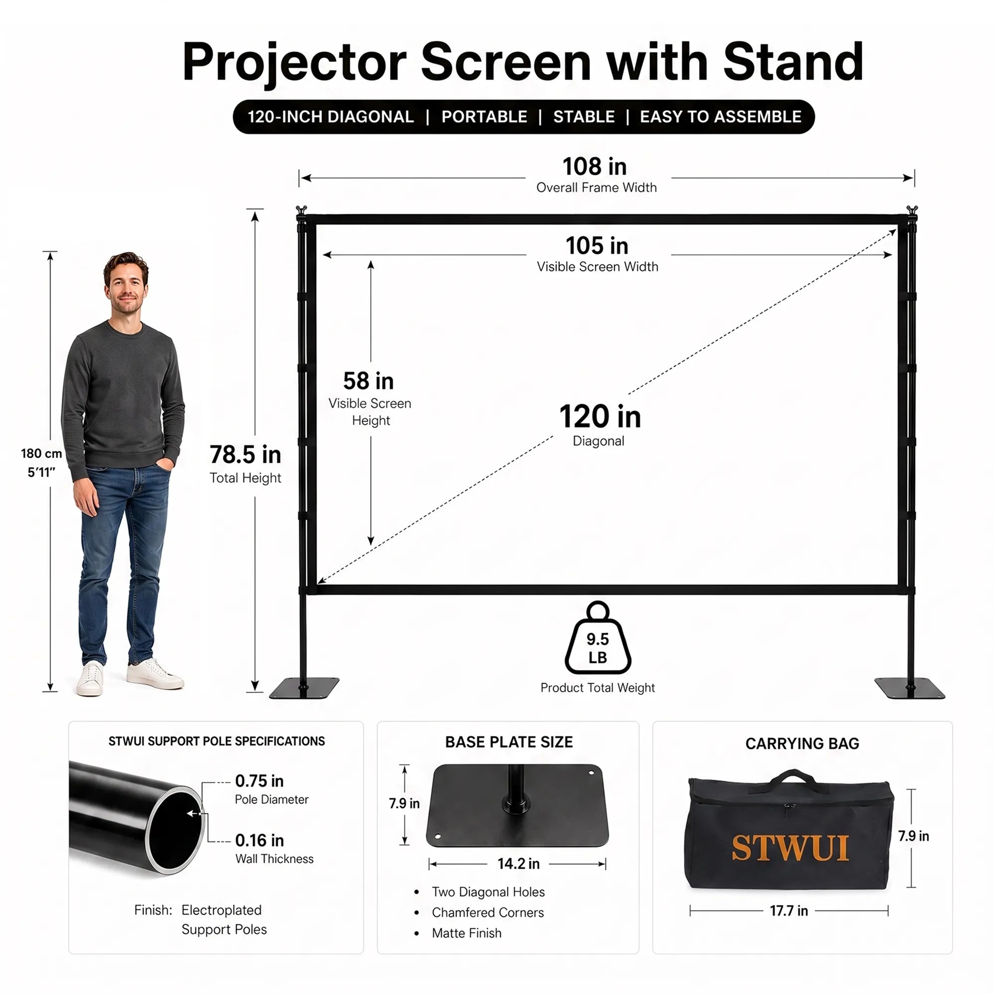 STWUI projector screen displaying a motorcycle racing scene, showing 1080p/4K UHD clarity, 1.1 gain, and 160° view angle