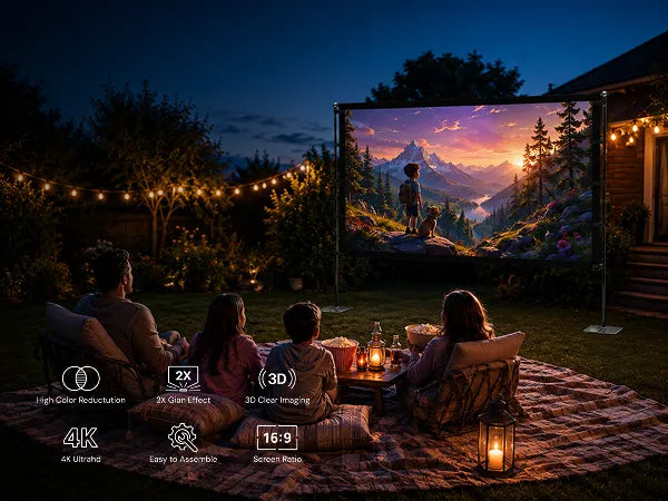 Family enjoying an outdoor movie night on a STWUI 120-inch projector screen with 4K ultra HD and 16:9 widescreen ratio