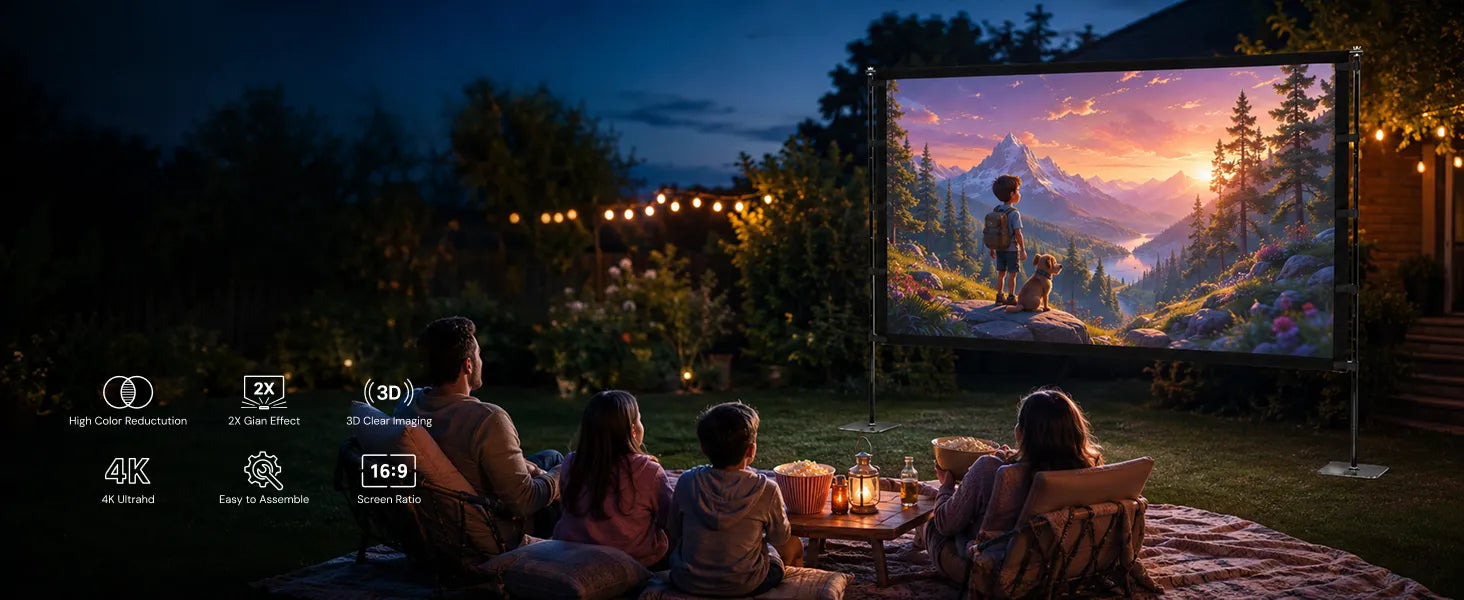 STWUI 120-inch outdoor projector screen with 4K, 3D, and 16:9 features highlighted, family watching in a backyard at night