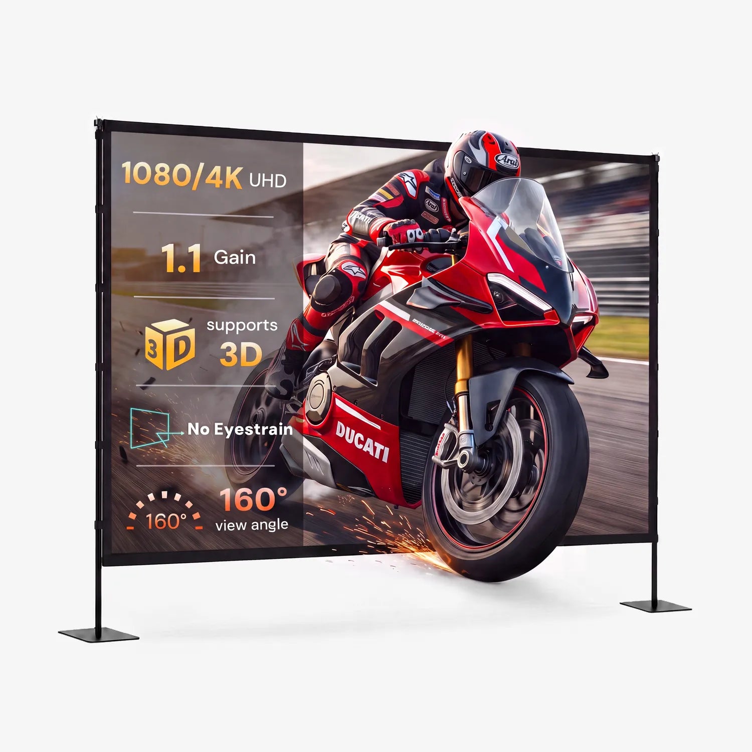 STWUI projector screen displaying a motorcycle racing scene, showing 1080p/4K UHD clarity, 1.1 gain, and 160° view angle