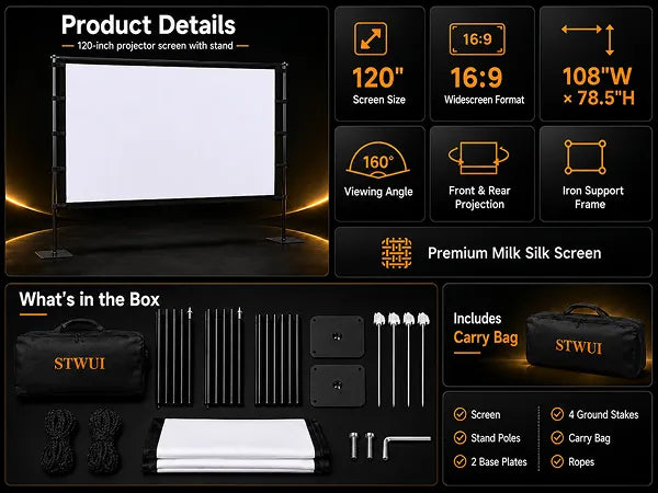 STWUI 120-inch projector screen specs and package contents including stand poles, base plates, ground stakes, carry bag, and ropes