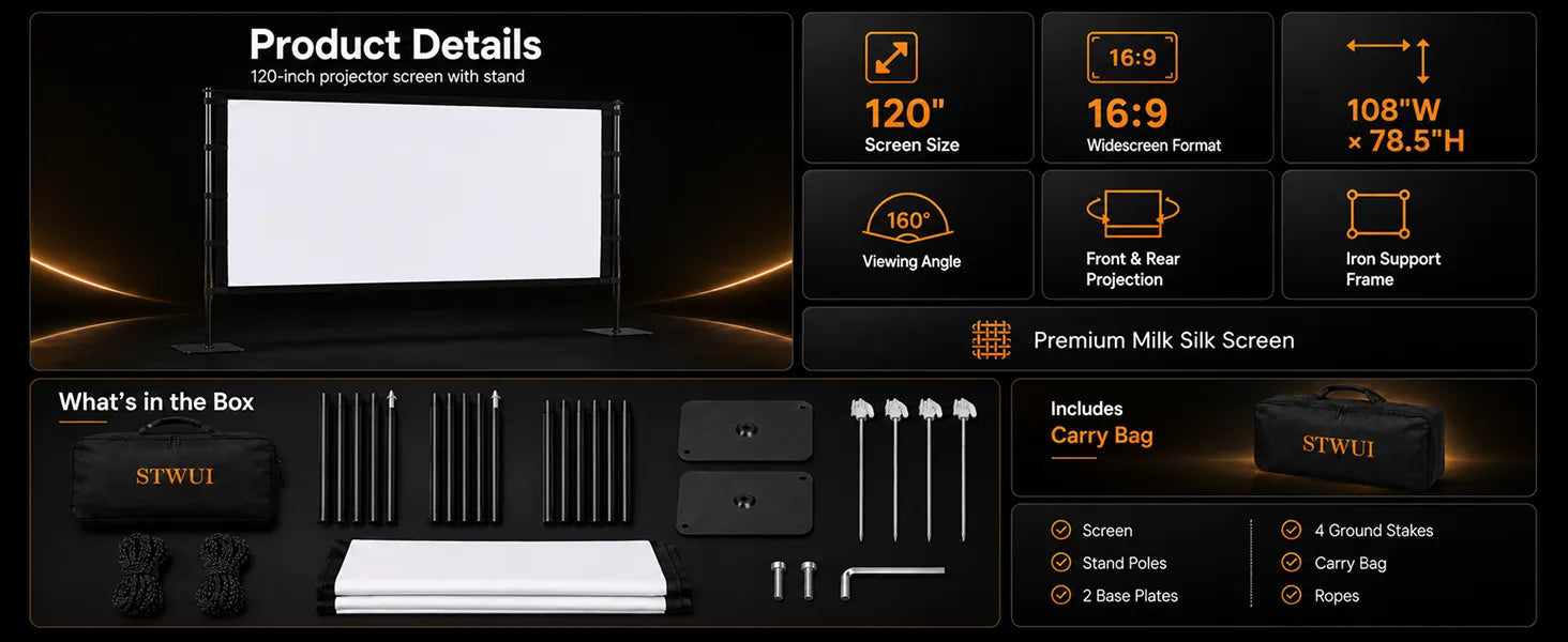 STWUI 120-inch projector screen product specification infographic showing screen size, 16:9 ratio, 160-degree viewing angle, and full accessory kit