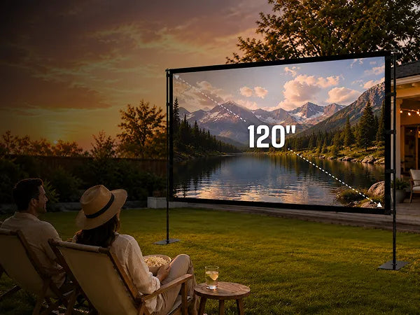 STWUI 120-inch outdoor projector screen size shown with a couple seated on a backyard lawn at sunset