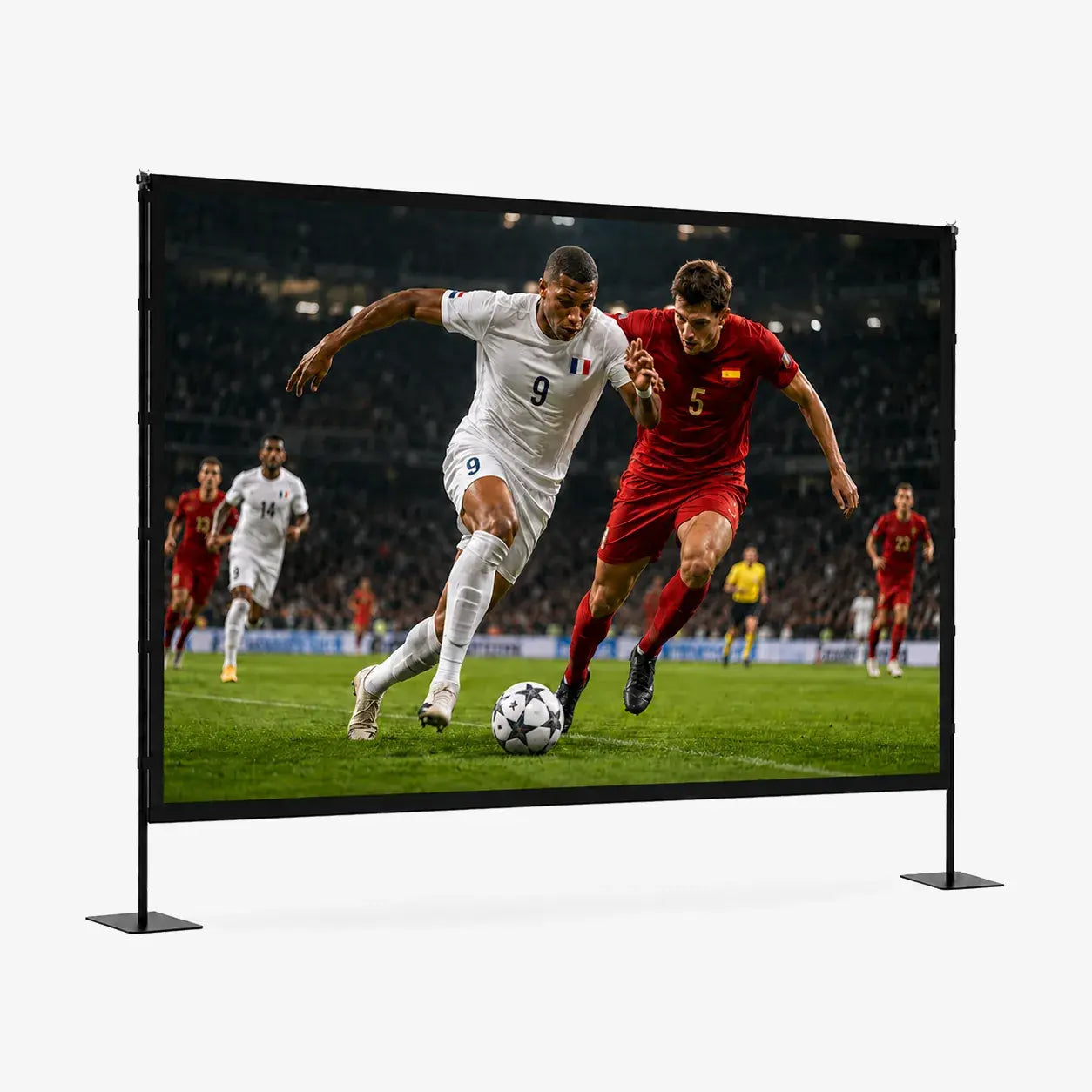 STWUI 120-inch outdoor projector screen with stand and world cup soccer match