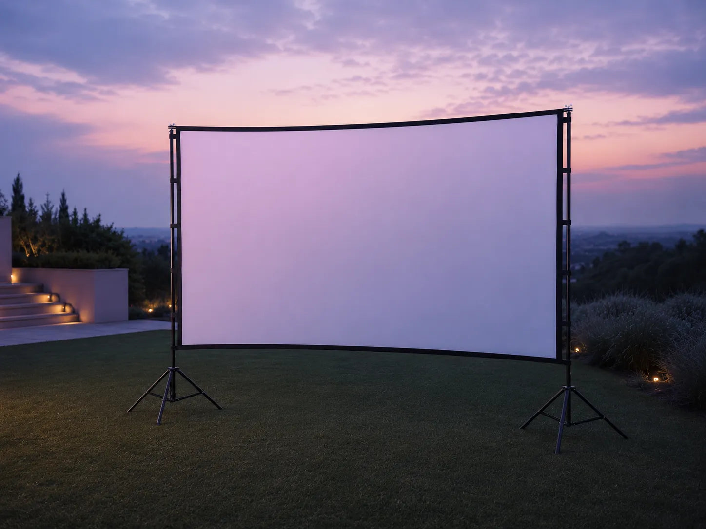 STWUI 150-inch outdoor projector screen with stand displayed on a lawn at sunset