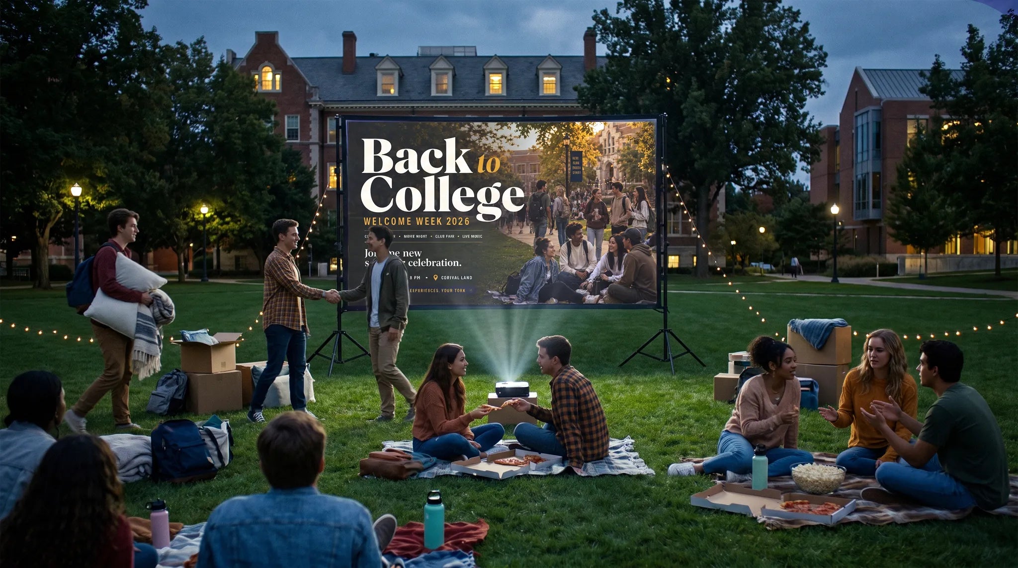 Students gathered on campus lawn with a STWUI screen for Back to College week.