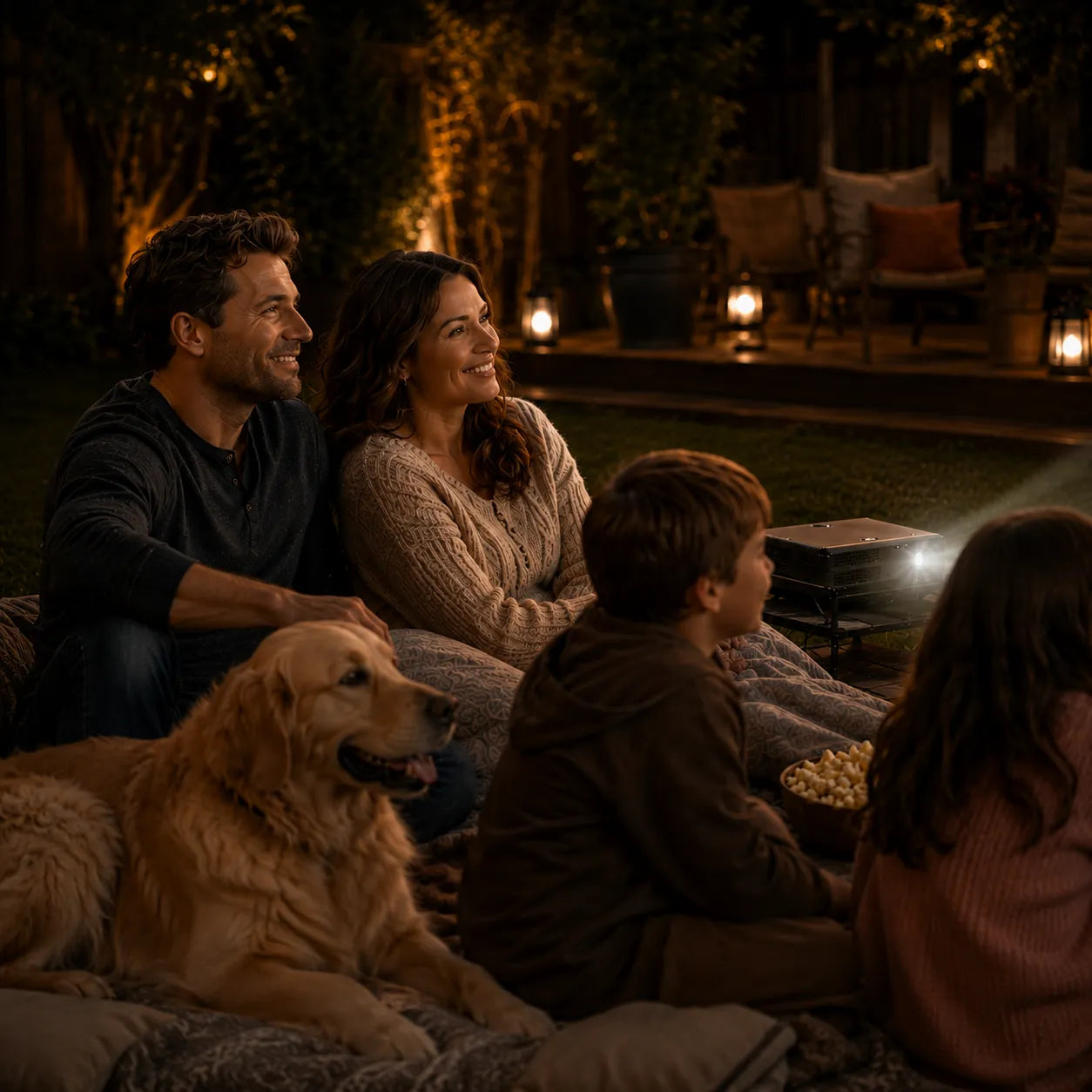  Family with kids and a golden retriever enjoying a backyard movie night with a portable projector