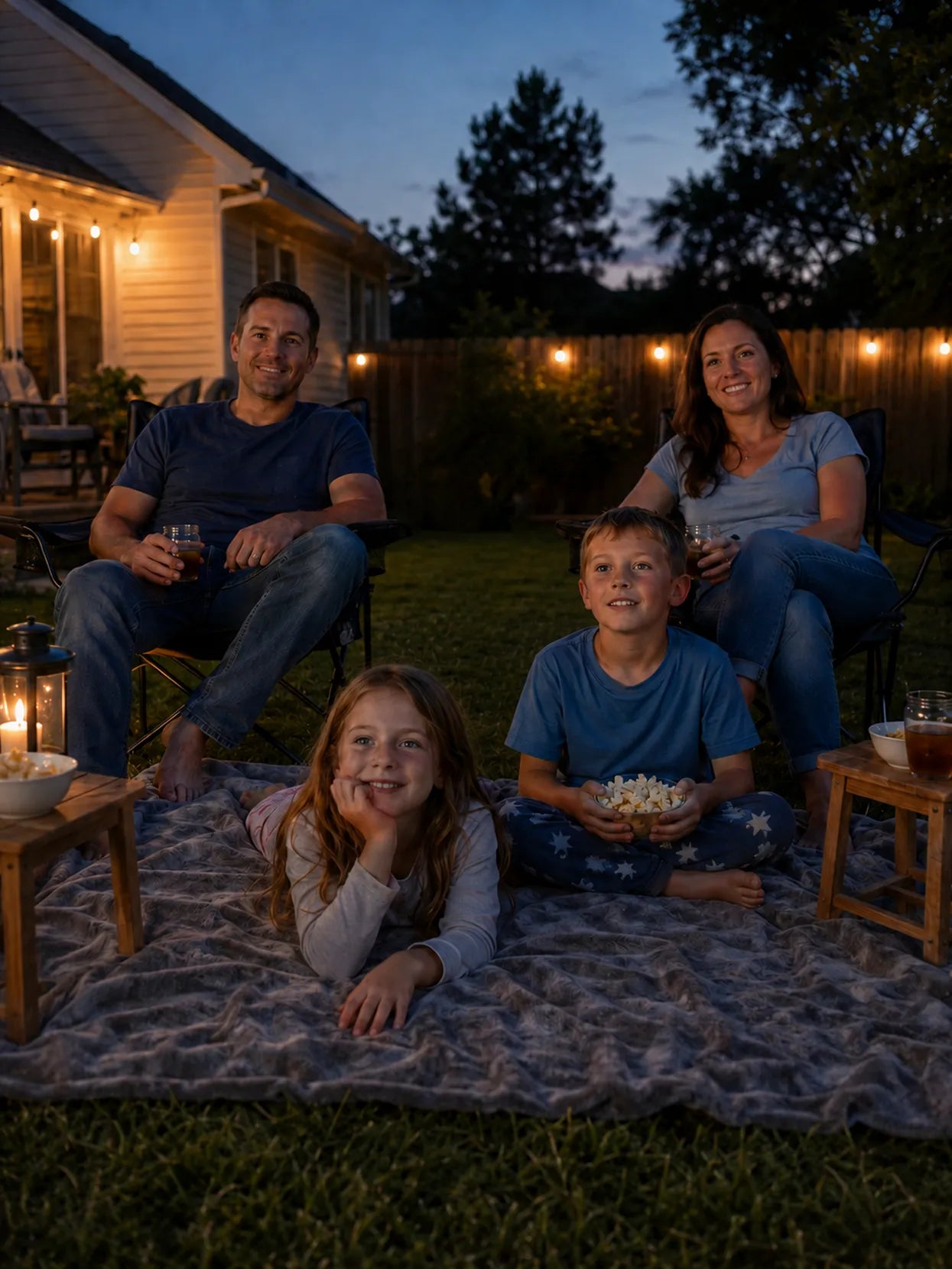 Parents and two kids smiling with popcorn during a backyard movie night lit by string lights