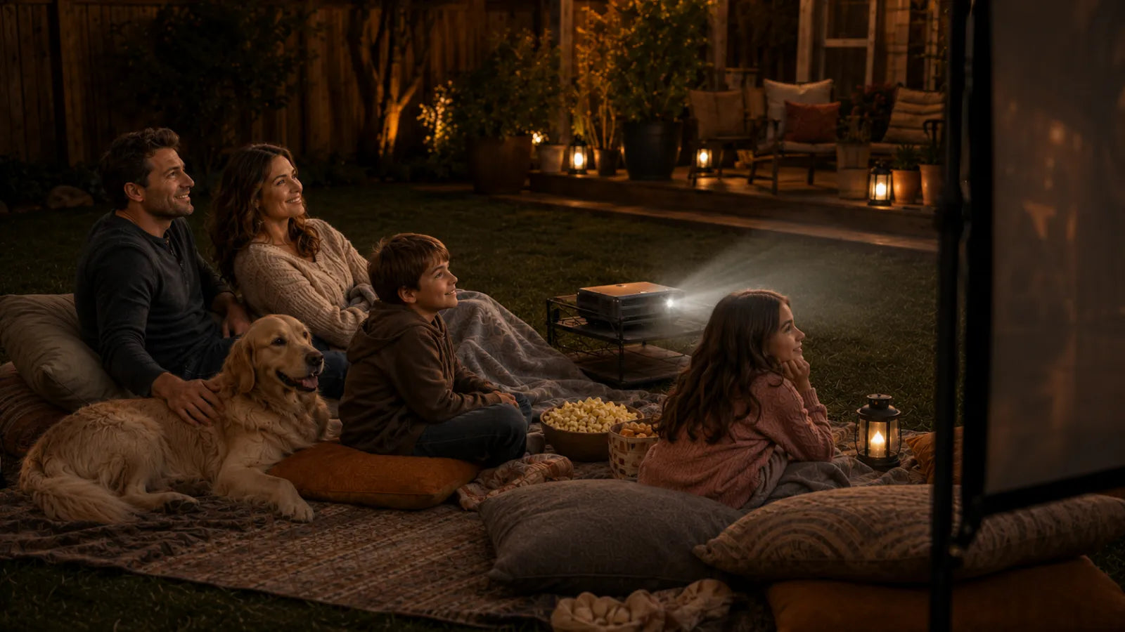 Family with two kids and a golden retriever sitting on blankets in a cozy backyard watching a projector movie