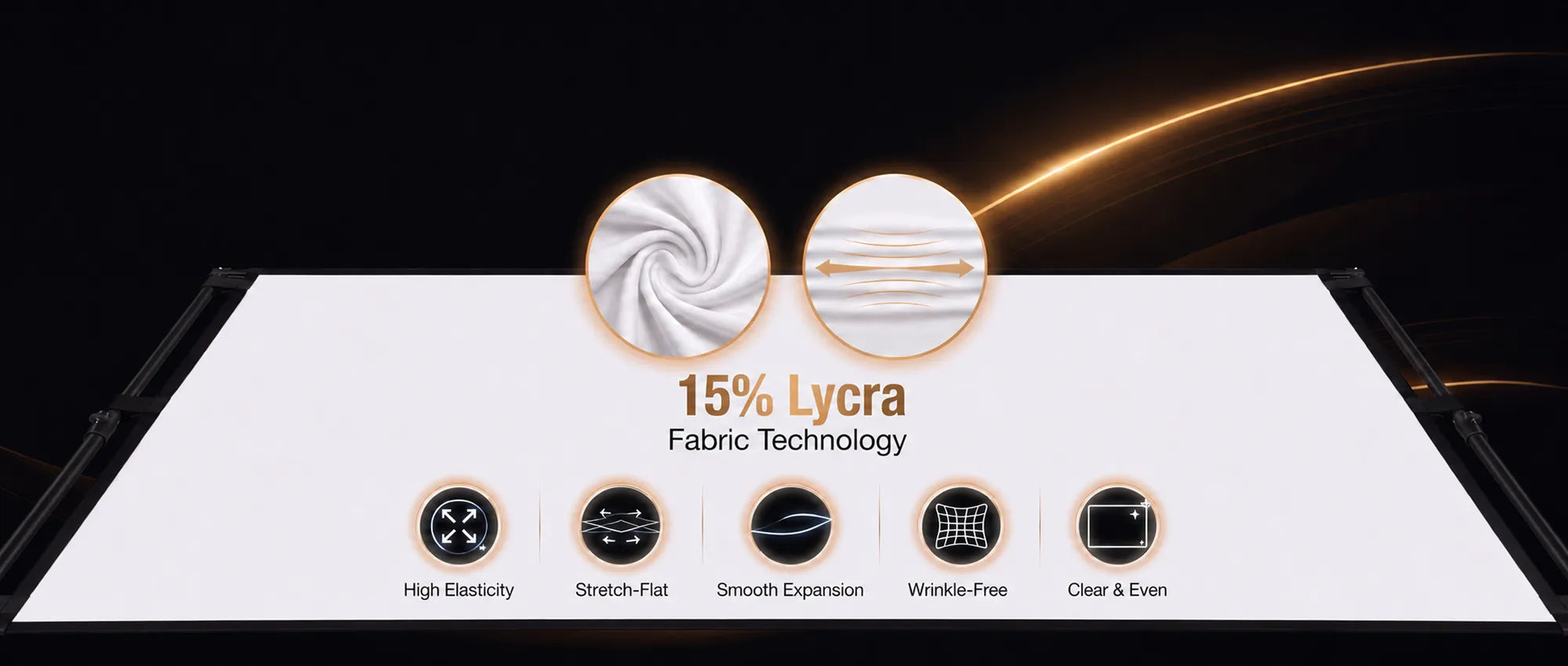 STWUI projector screen fabric with 15% Lycra technology — high elasticity, stretch-flat, wrinkle-free, and clear even projection
