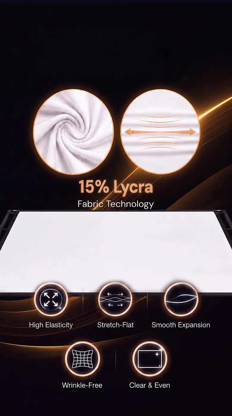 STWUI projector screen fabric with 15% Lycra technology — high elasticity, stretch-flat, wrinkle-free, and clear even projection