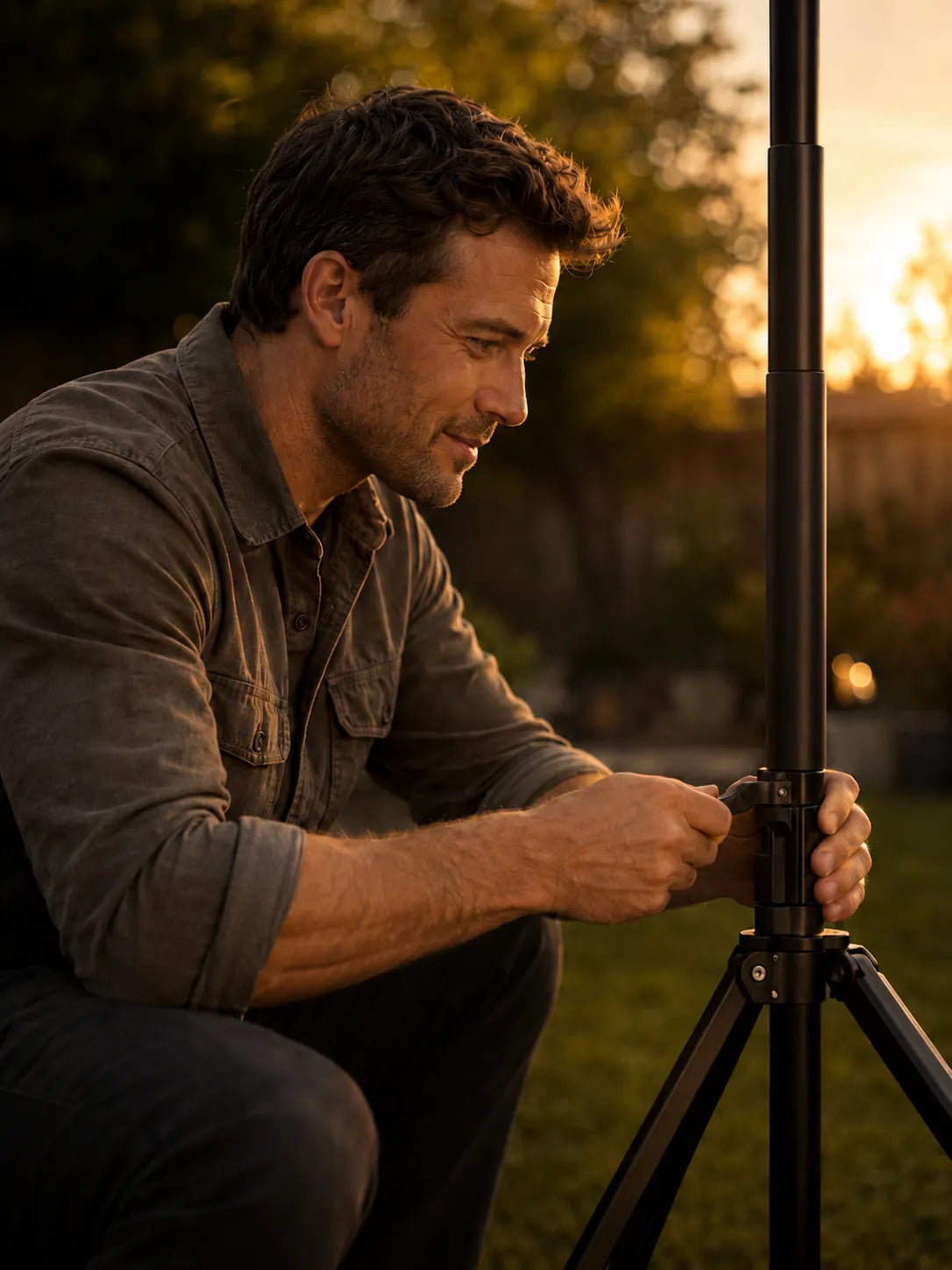 STWUI founder assembling a projector screen stand in the backyard at golden hour sunset