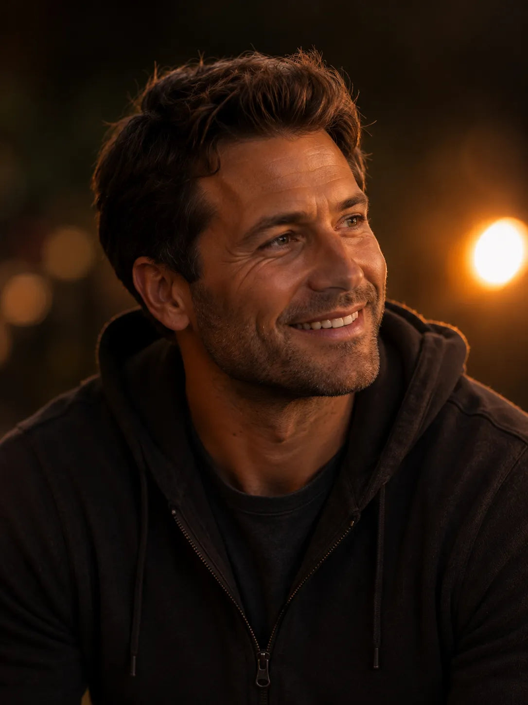 STWUI founder Charlie smiling outdoors at night with warm bokeh lighting in the background