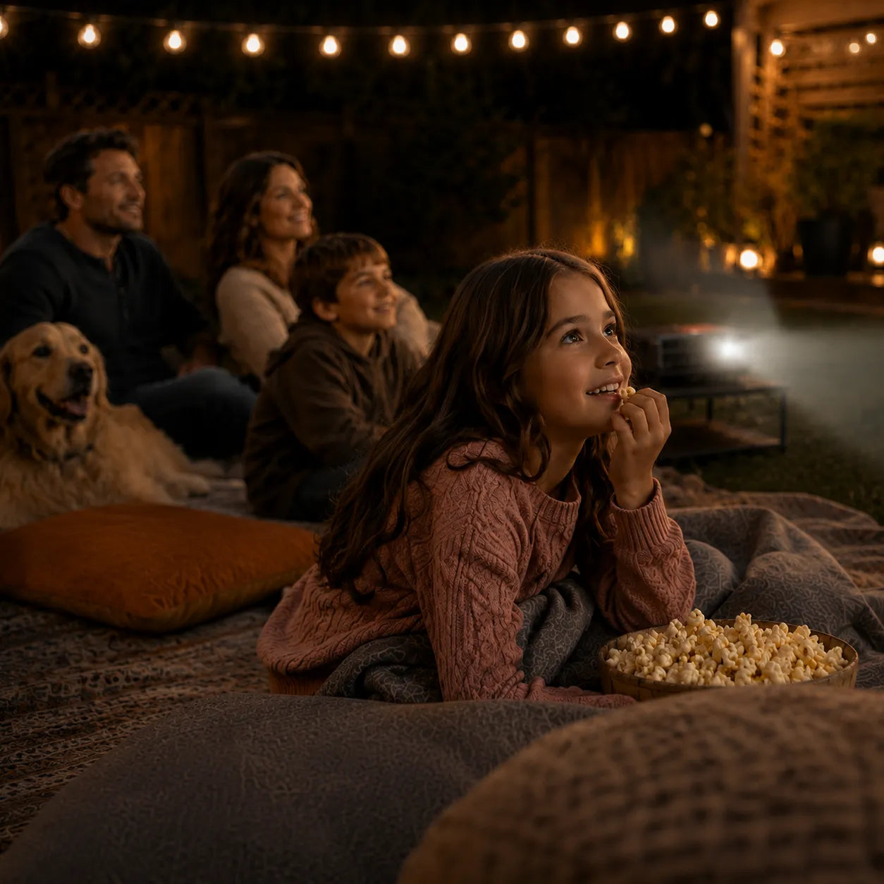 Young girl eating popcorn during a backyard movie night with her family and dog in the background