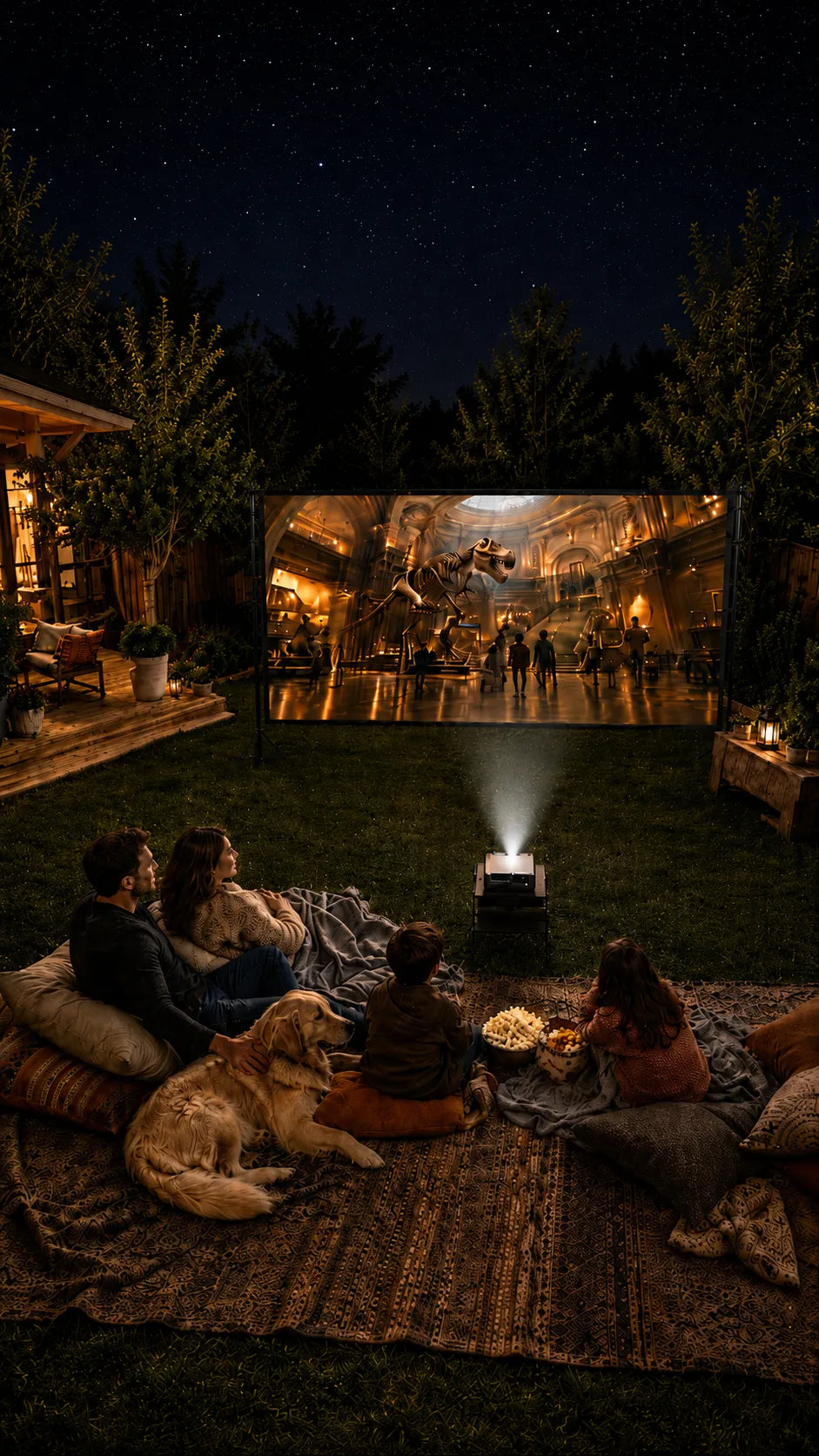 Aerial view of a family watching a movie on a large Stwui outdoor 150inch projector screen in a beautifully lit backyard