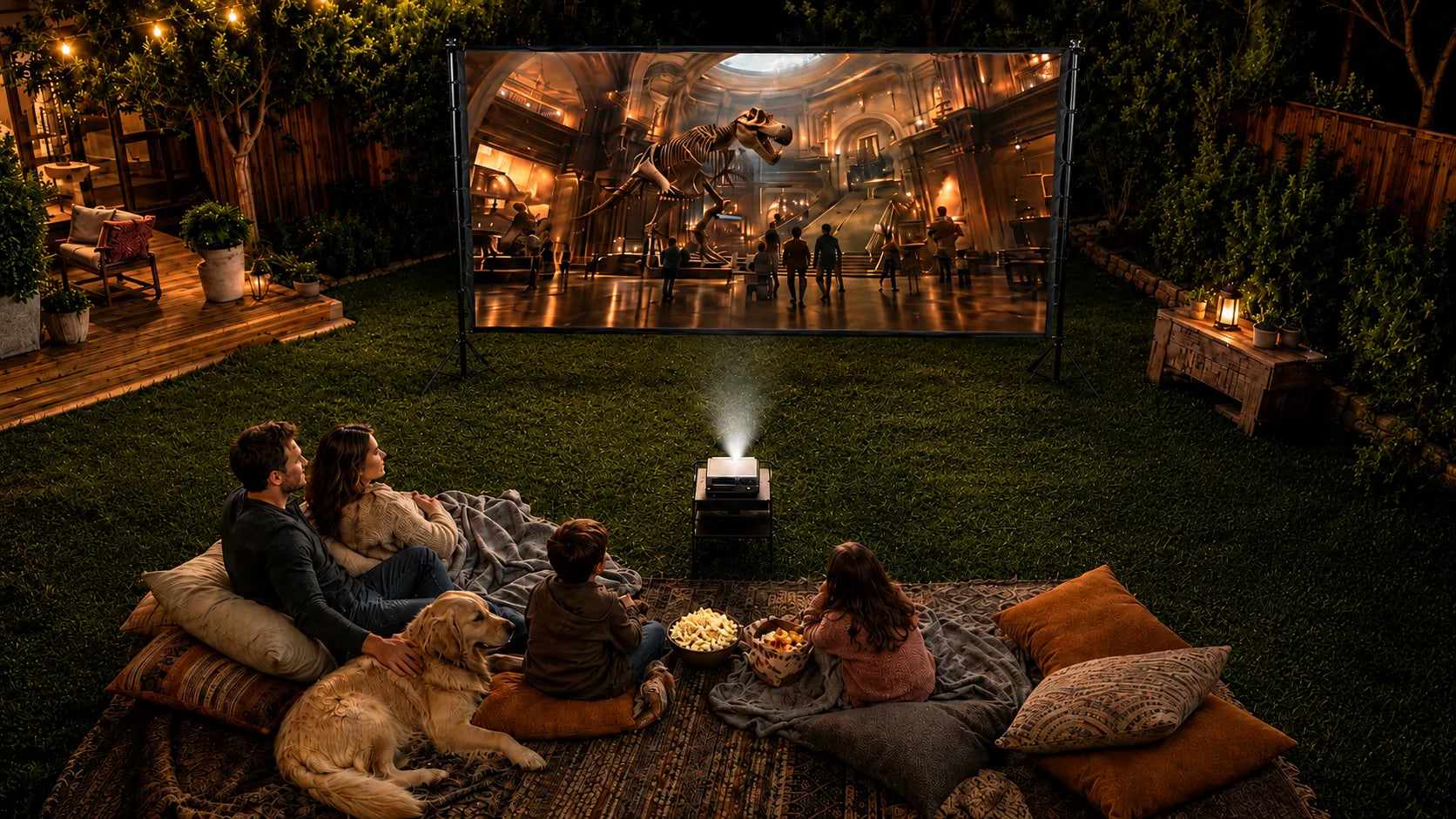  Aerial view of a family watching a movie on a large outdoor projector screen in a beautifully lit backyard