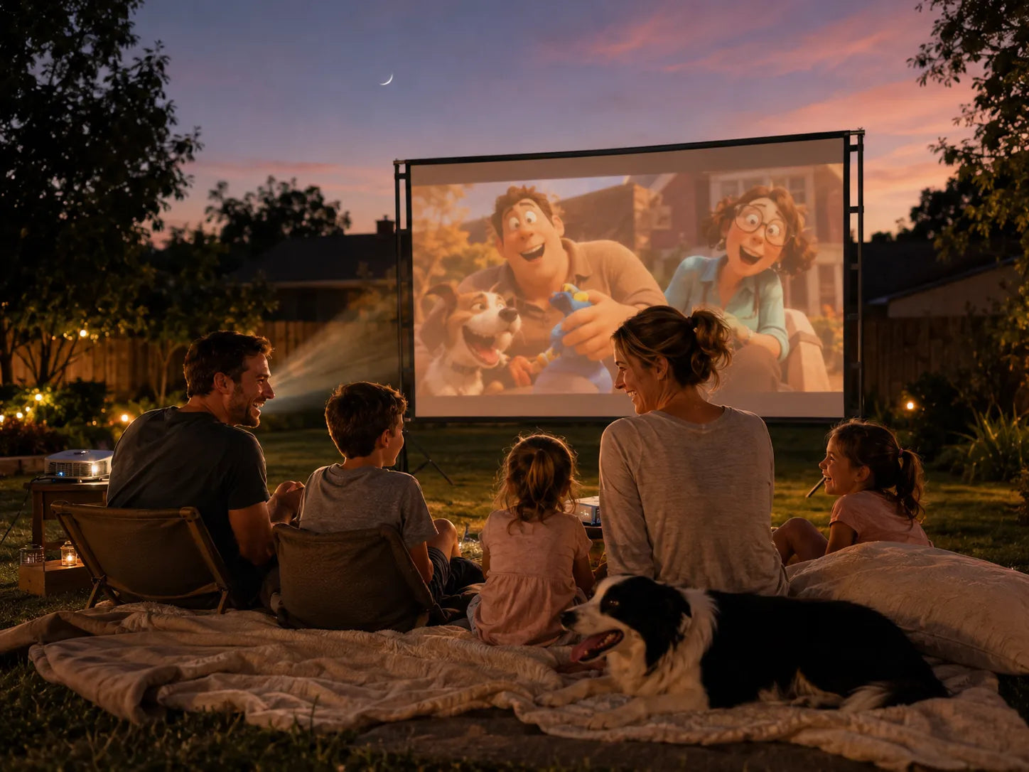 Family watching an animated movie on an outdoor projector screen in the backyard at dusk