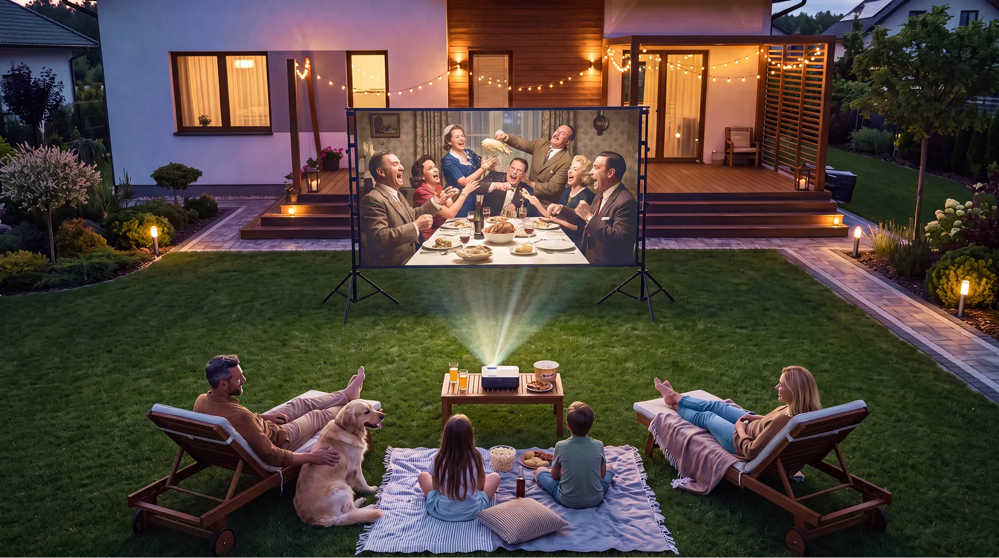 Family with kids and a dog watching a comedy on an outdoor projector screen in a warmly lit backyard at night