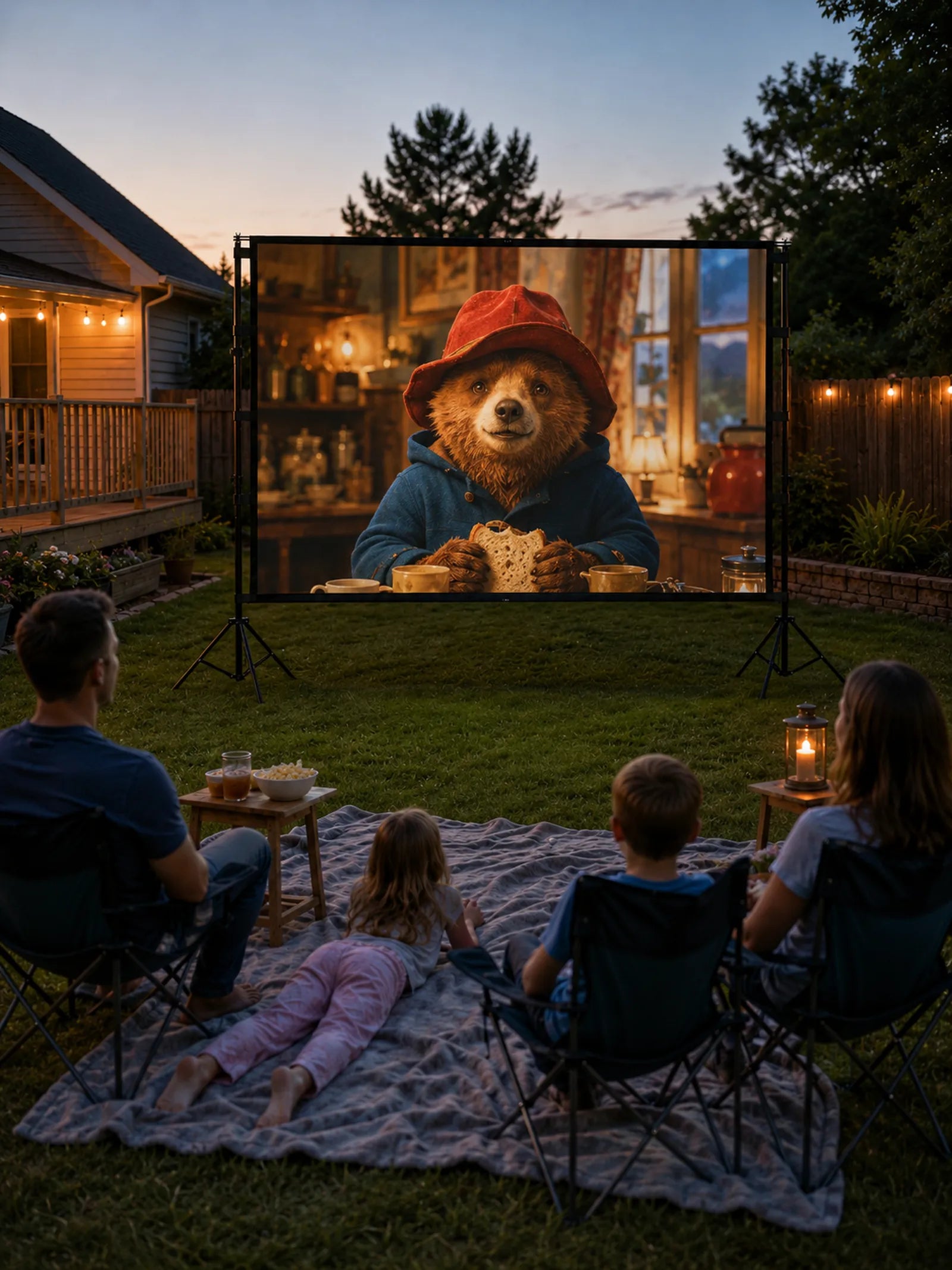Family with young kids watching an animated bear movie on an outdoor projector screen in the backyard at dusk