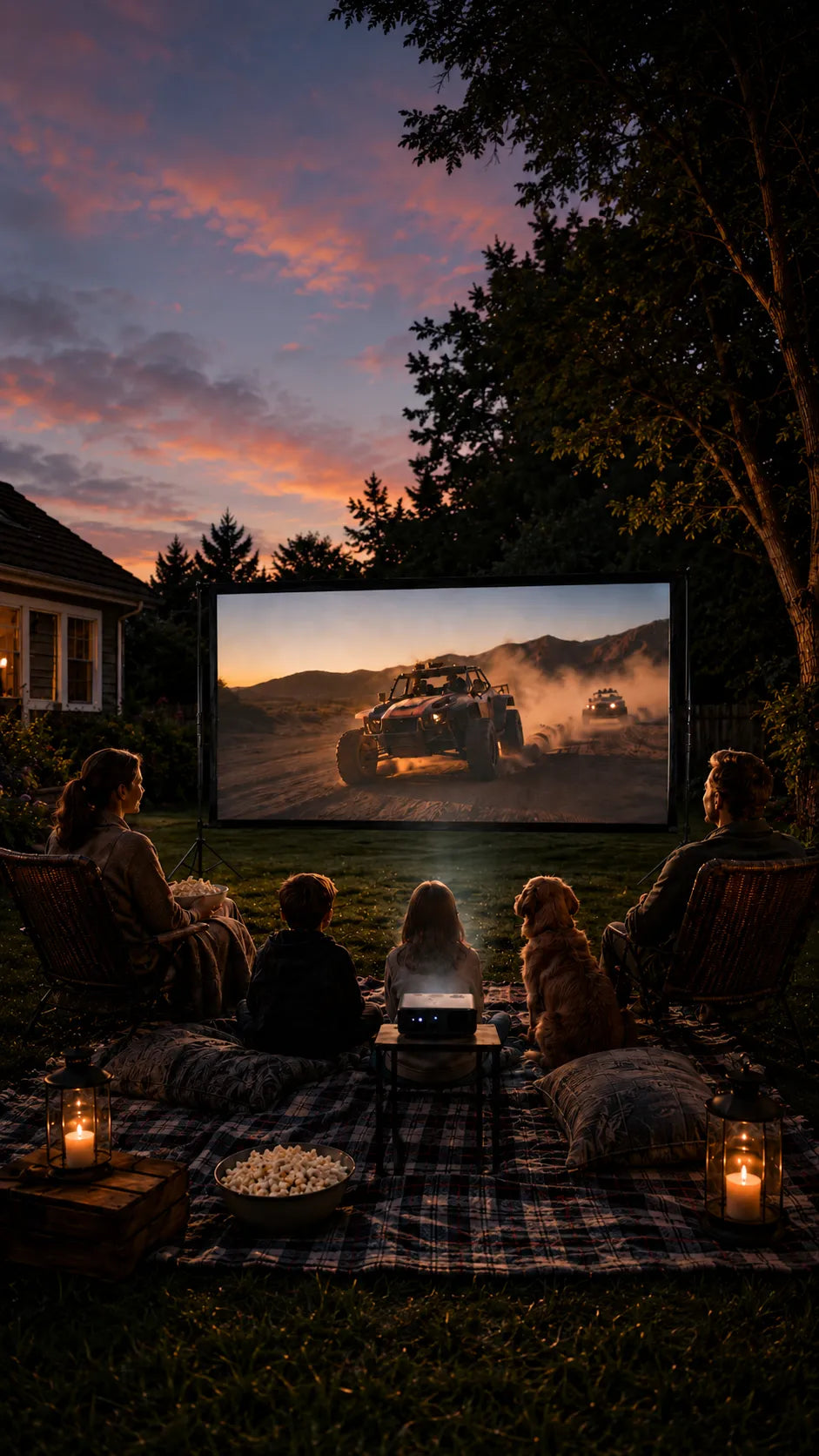Family and dog watching an action movie on a backyard outdoor projector screen with stand at sunset