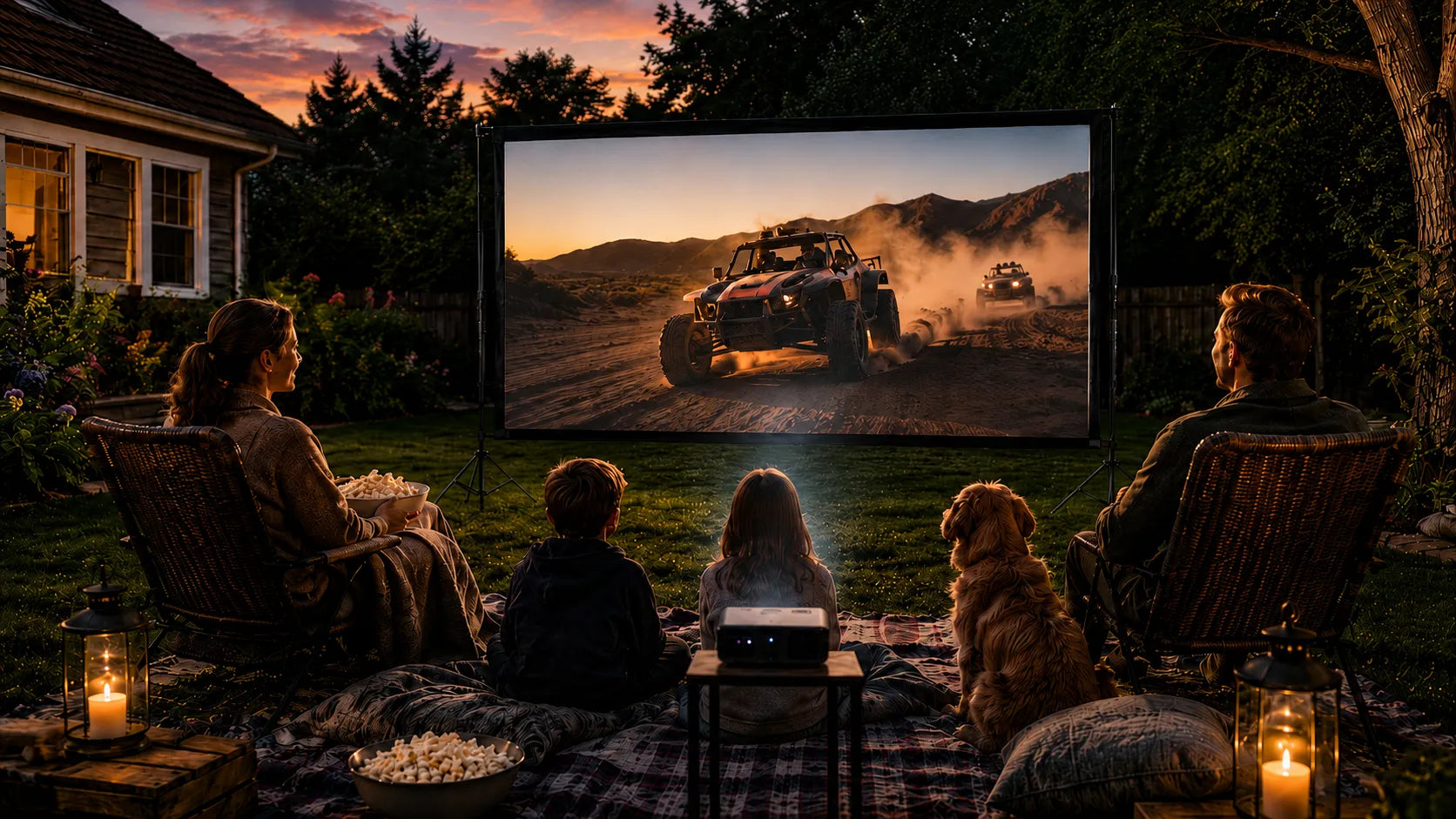 Family and dog watching an action movie on a backyard outdoor projector screen at sunset