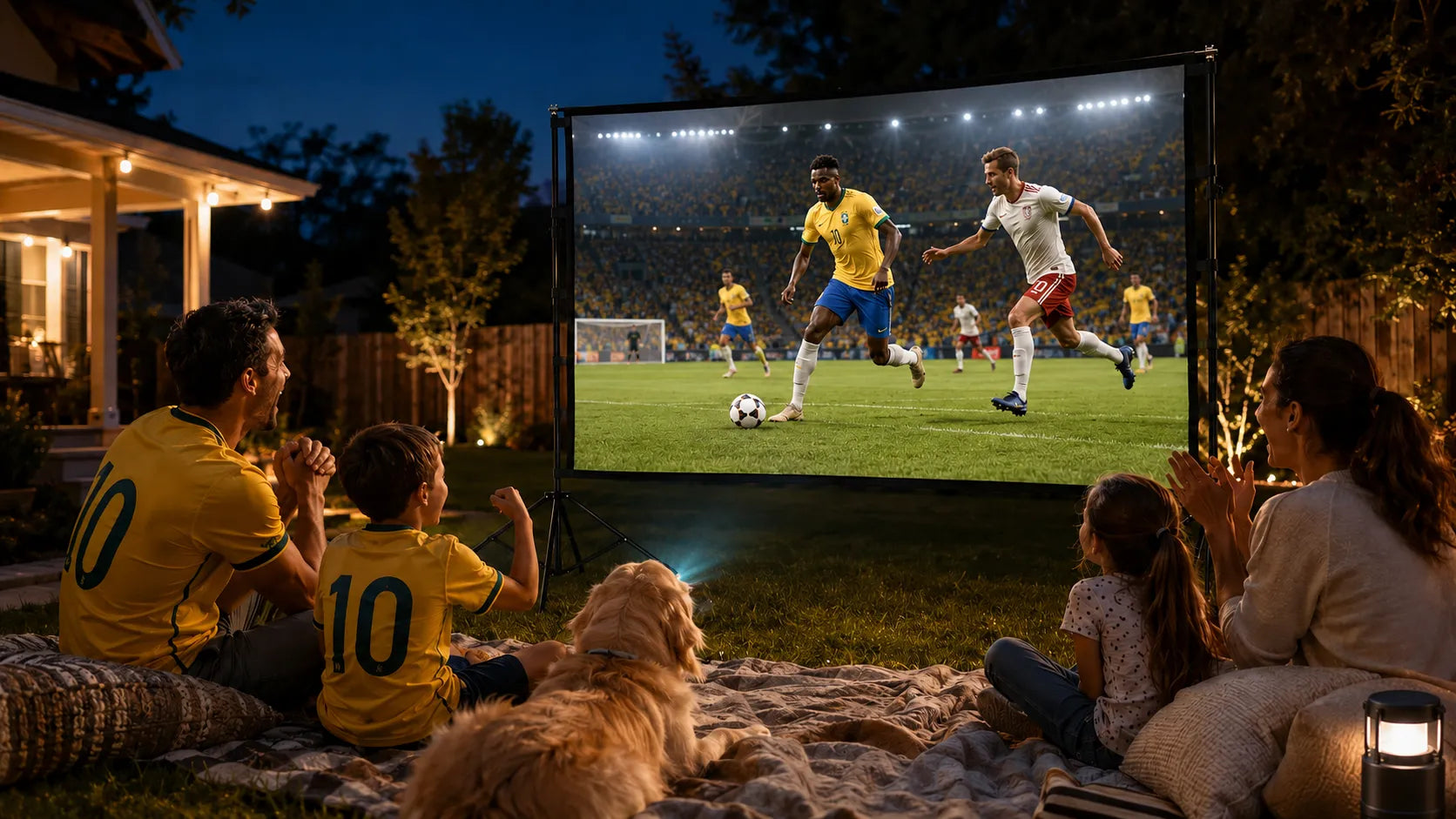 Family watching an outdoor soccer match in the backyard on a portable projector screen at night