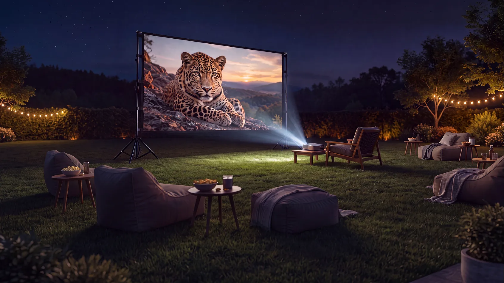 Outdoor projector screen displaying a nature documentary in a beautifully lit backyard at night with string lights and lounge seating