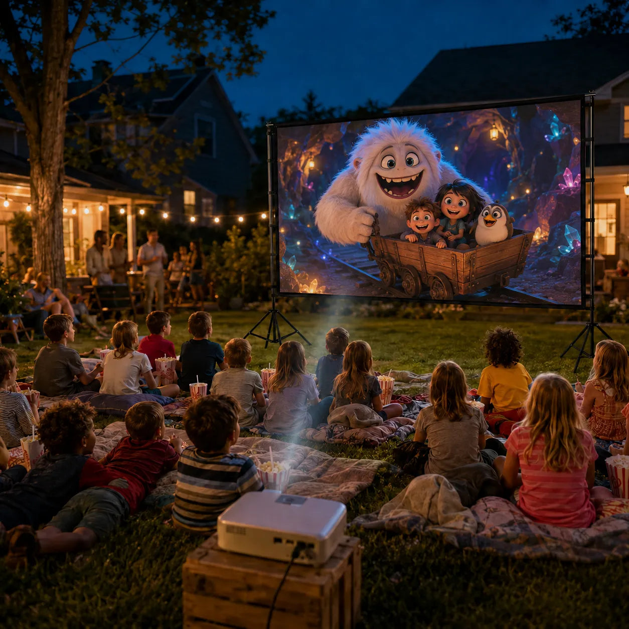 Group of kids watching an animated movie on a large outdoor projector screen at a backyard party