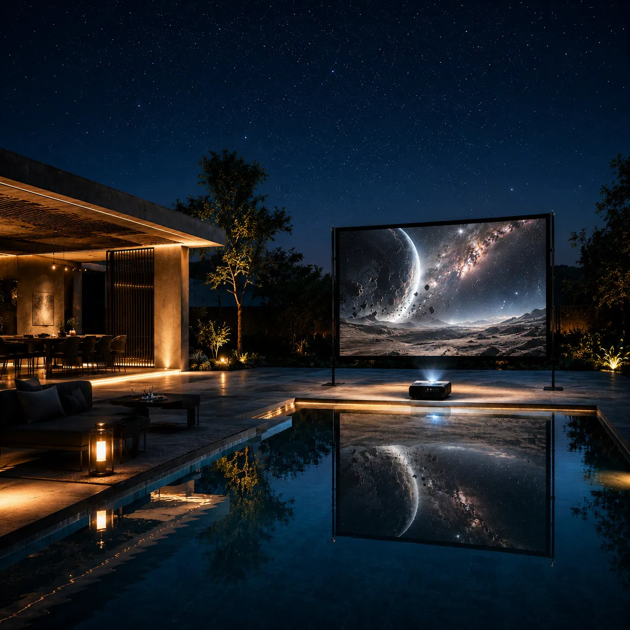 Large outdoor projector screen reflecting on a still luxury pool under a starry night sky