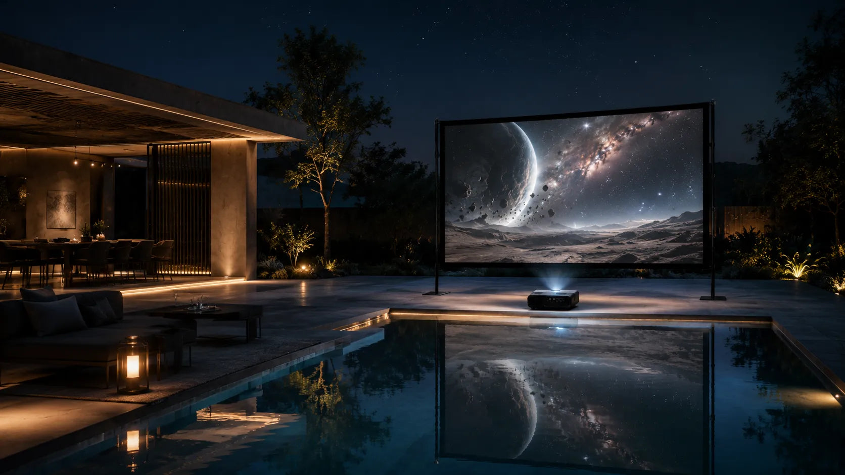 Outdoor projector screen displaying a galaxy scene beside a luxury pool at night with warm architectural lighting