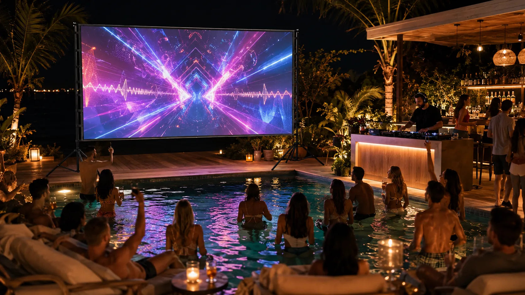 Outdoor projector screen displaying vivid visuals at a nighttime pool party with a DJ and guests