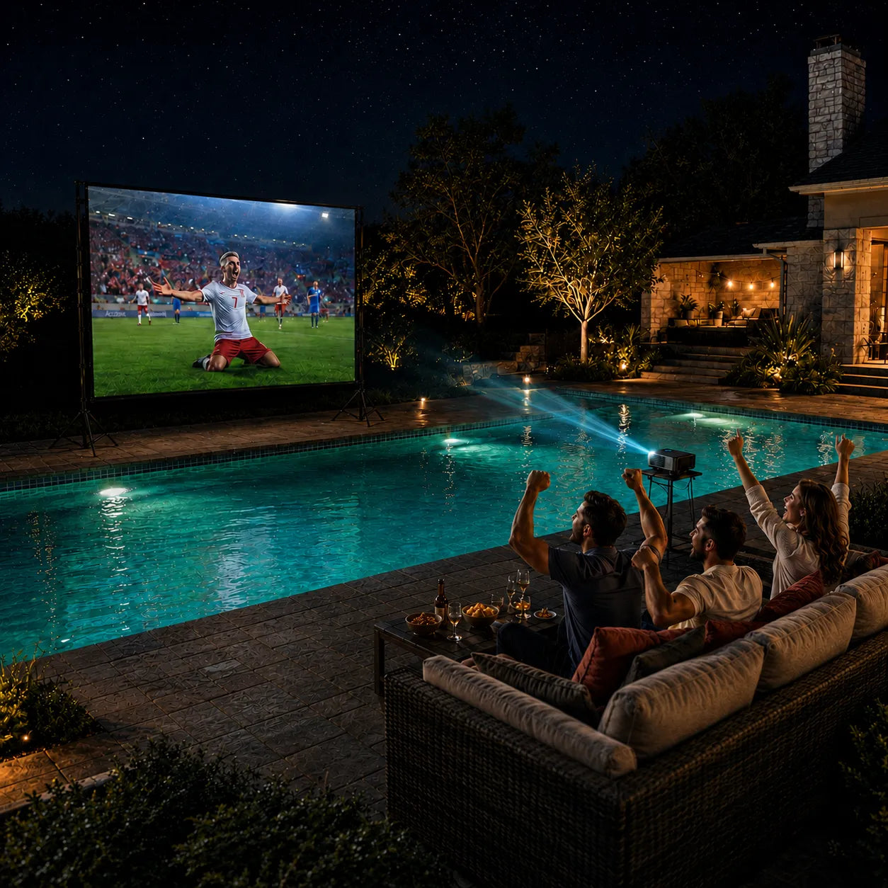 Three friends cheering by a backyard pool while watching a soccer game on an outdoor projector screen
