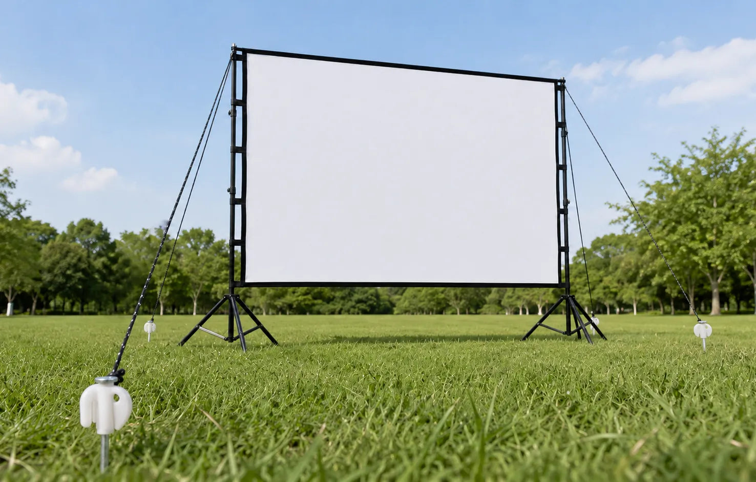STWUI outdoor projector screen with stand, wind ropes, and ground stakes set up on a grass lawn under blue sky