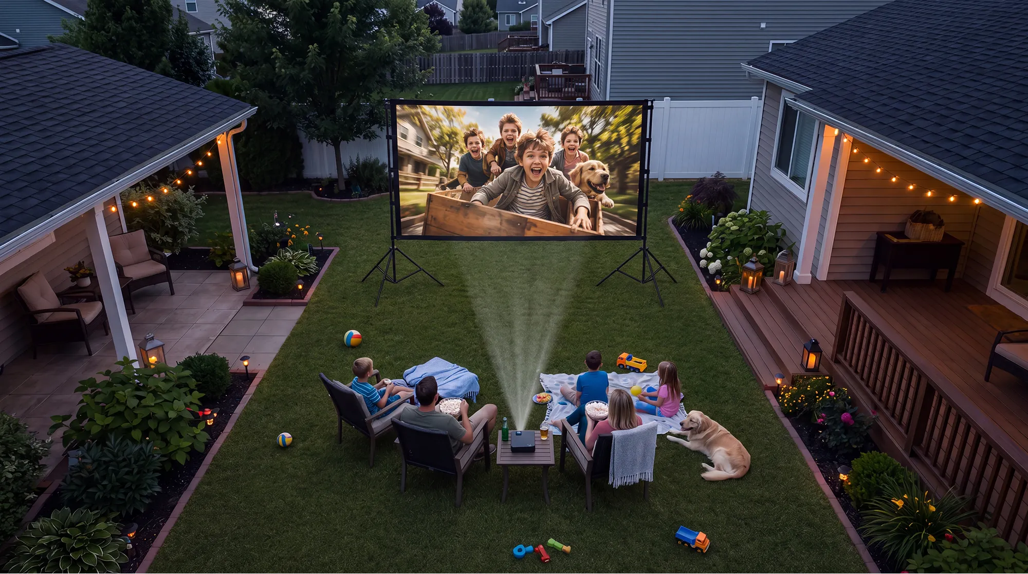 Aerial wide view of a suburban family watching a kids adventure movie on an outdoor projector screen in the backyard at dusk