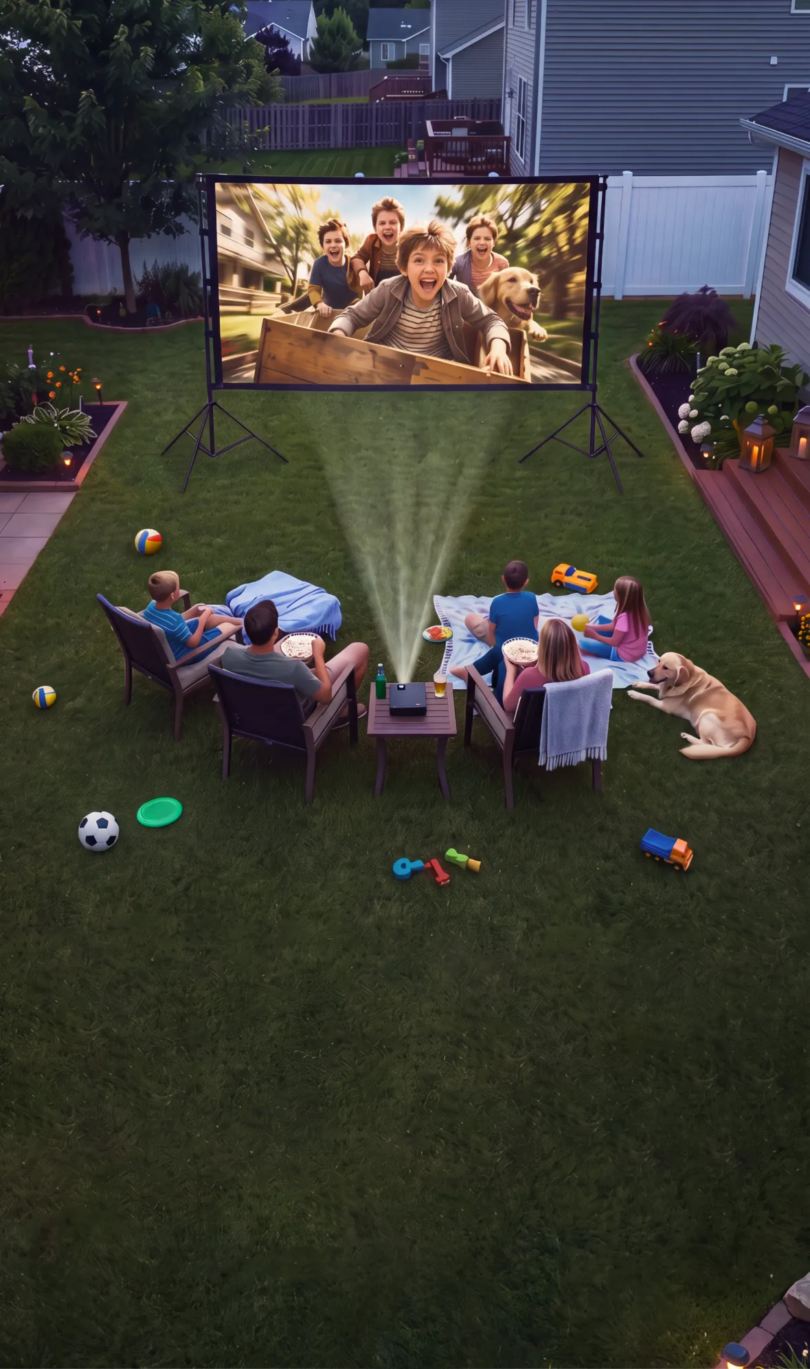 Family with a dog watching a kids movie on a backyard projector screen under a starry night sky in a suburban neighborhood
