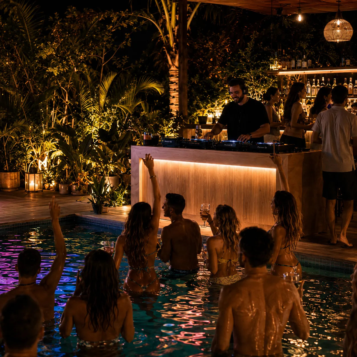 Guests dancing in a pool at an outdoor night party with a DJ performing under warm tropical lighting
