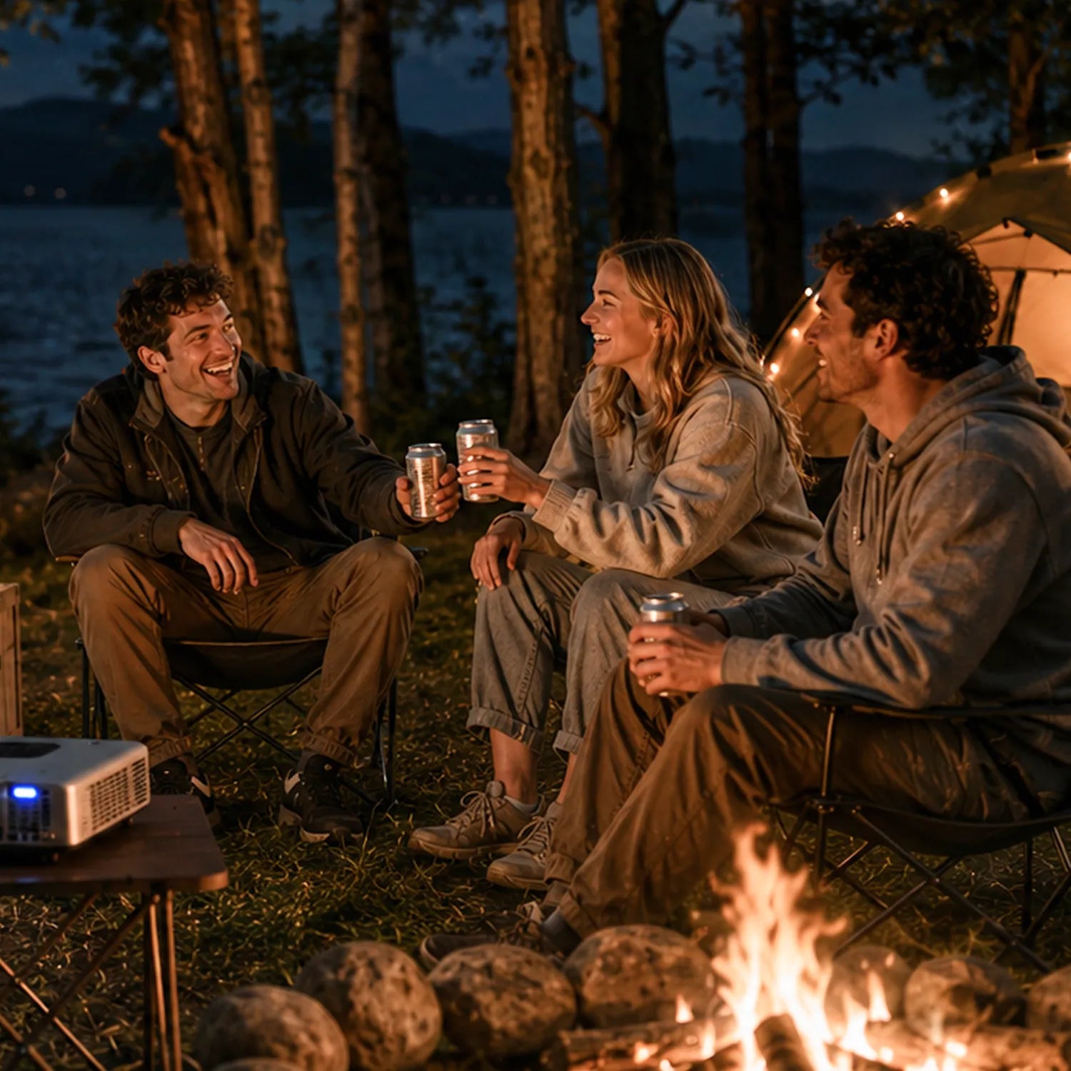 Three friends toasting drinks by a campfire at a lakeside campsite with a projector nearby