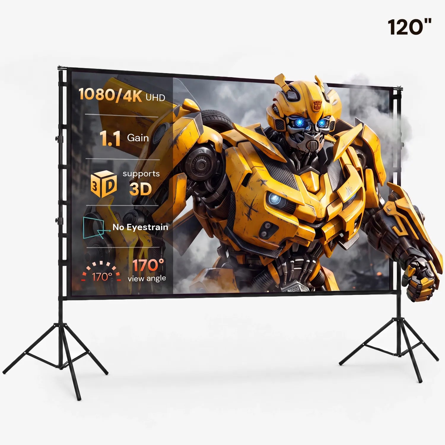 STWUI projector screen displaying a scarlet macaw in the rainforest, showing 1080p/4K UHD clarity, 1.1 gain, and 170° view angle