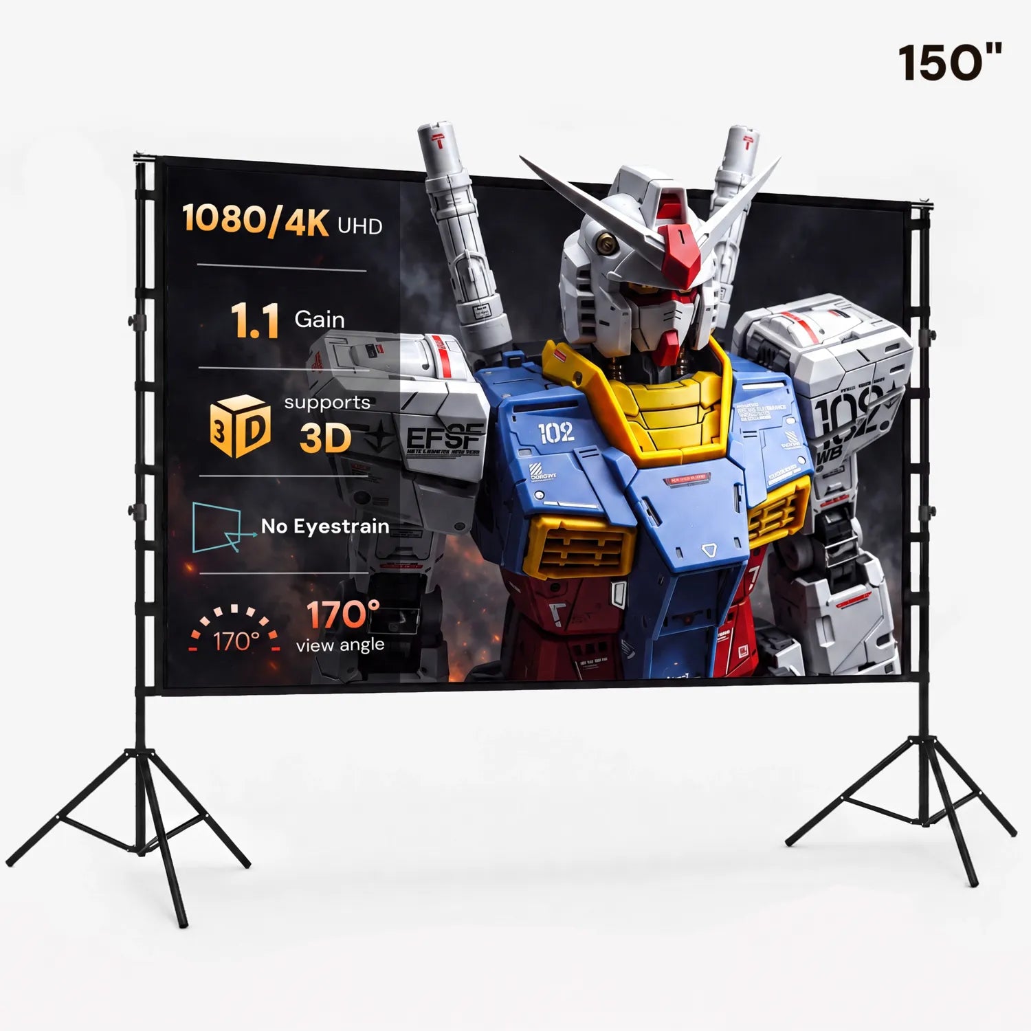STWUI projector screen displaying a scarlet macaw in the rainforest, showing 1080p/4K UHD clarity, 1.1 gain, and 170° view angle