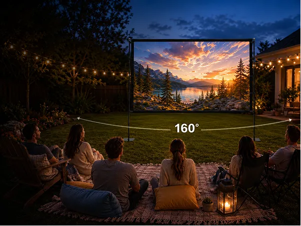 STWUI 120-inch projector screen displaying a 160-degree viewing angle with friends seated across a backyard lawn at night