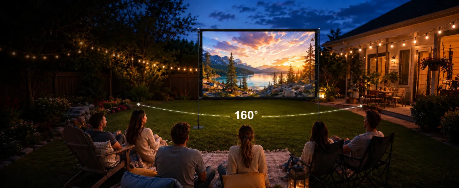 Group of friends watching a movie on a STWUI outdoor projector screen with a 160-degree wide viewing angle diagram in a backyard