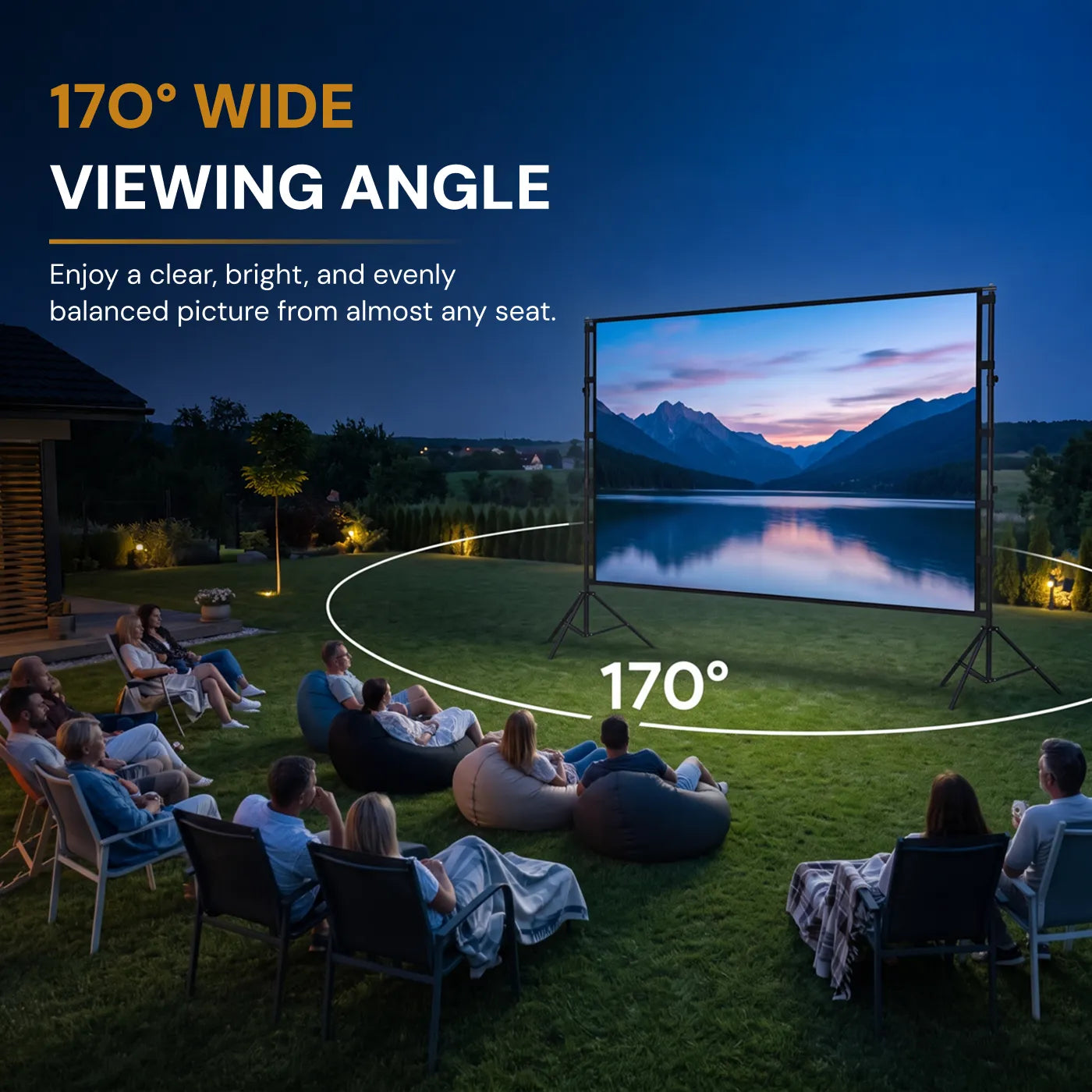 STWUI projector screen displaying a scarlet macaw in the rainforest, showing 1080p/4K UHD clarity, 1.1 gain, and 170° view angle