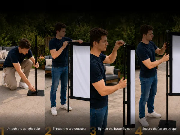 Four-step setup guide for the STWUI projector screen showing pole attachment, crossbar threading, butterfly nut tightening, and Velcro securing