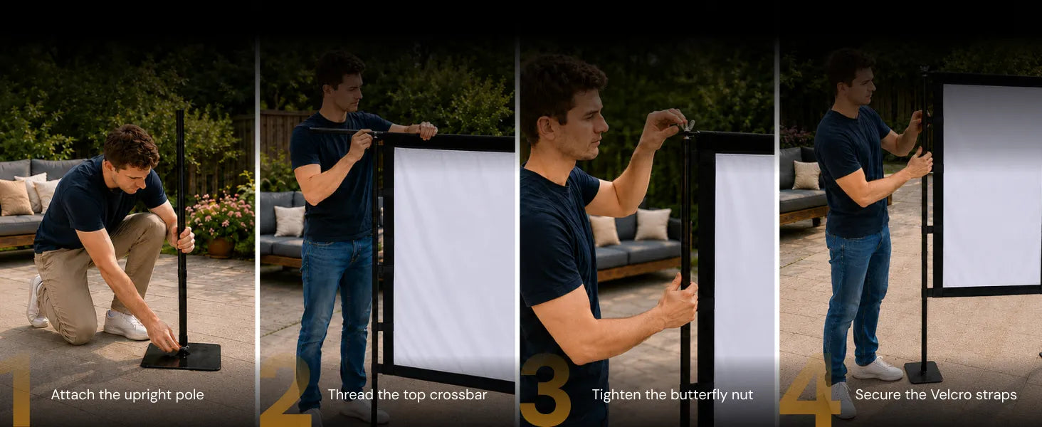 Wide four-panel setup tutorial for the STWUI outdoor projector screen demonstrating quick no-tools assembly steps