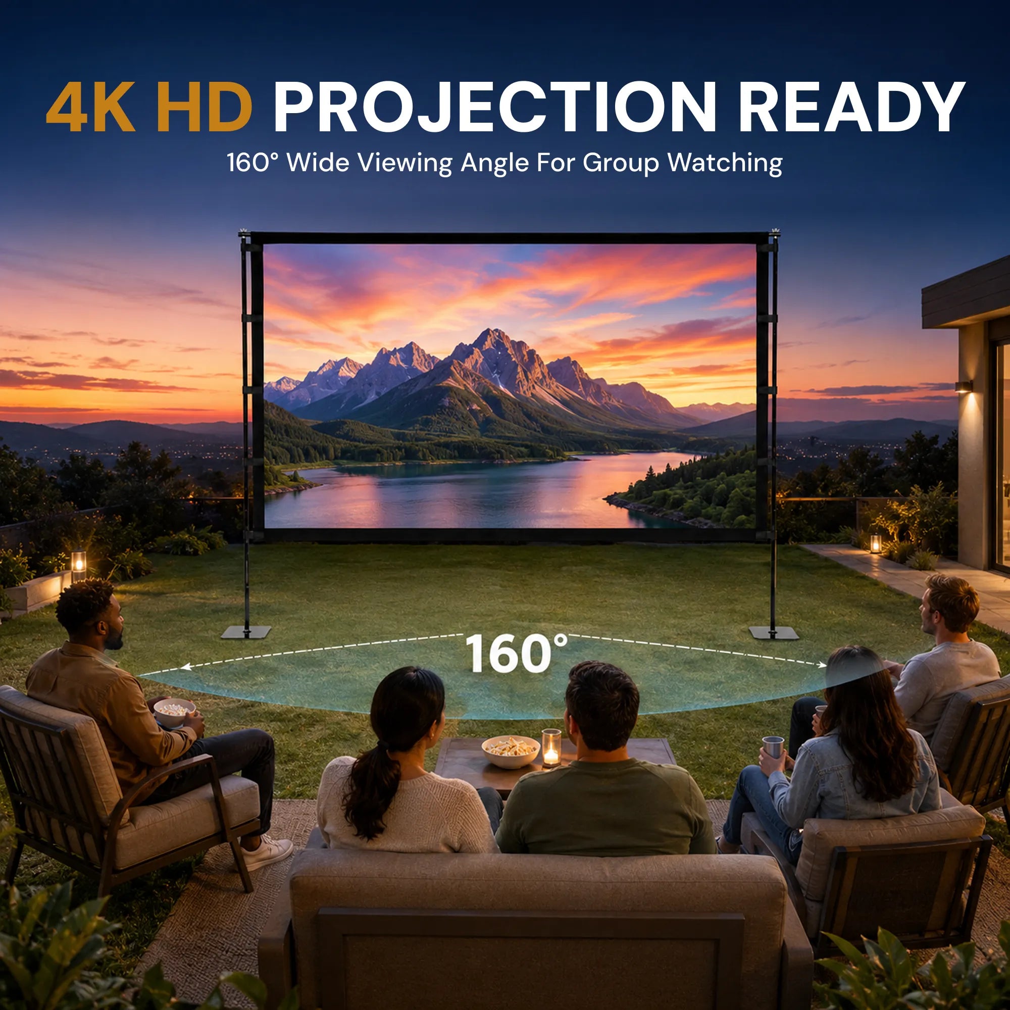 STWUI projector screen displaying a motorcycle racing scene, showing 1080p/4K UHD clarity, 1.1 gain, and 160° view angle